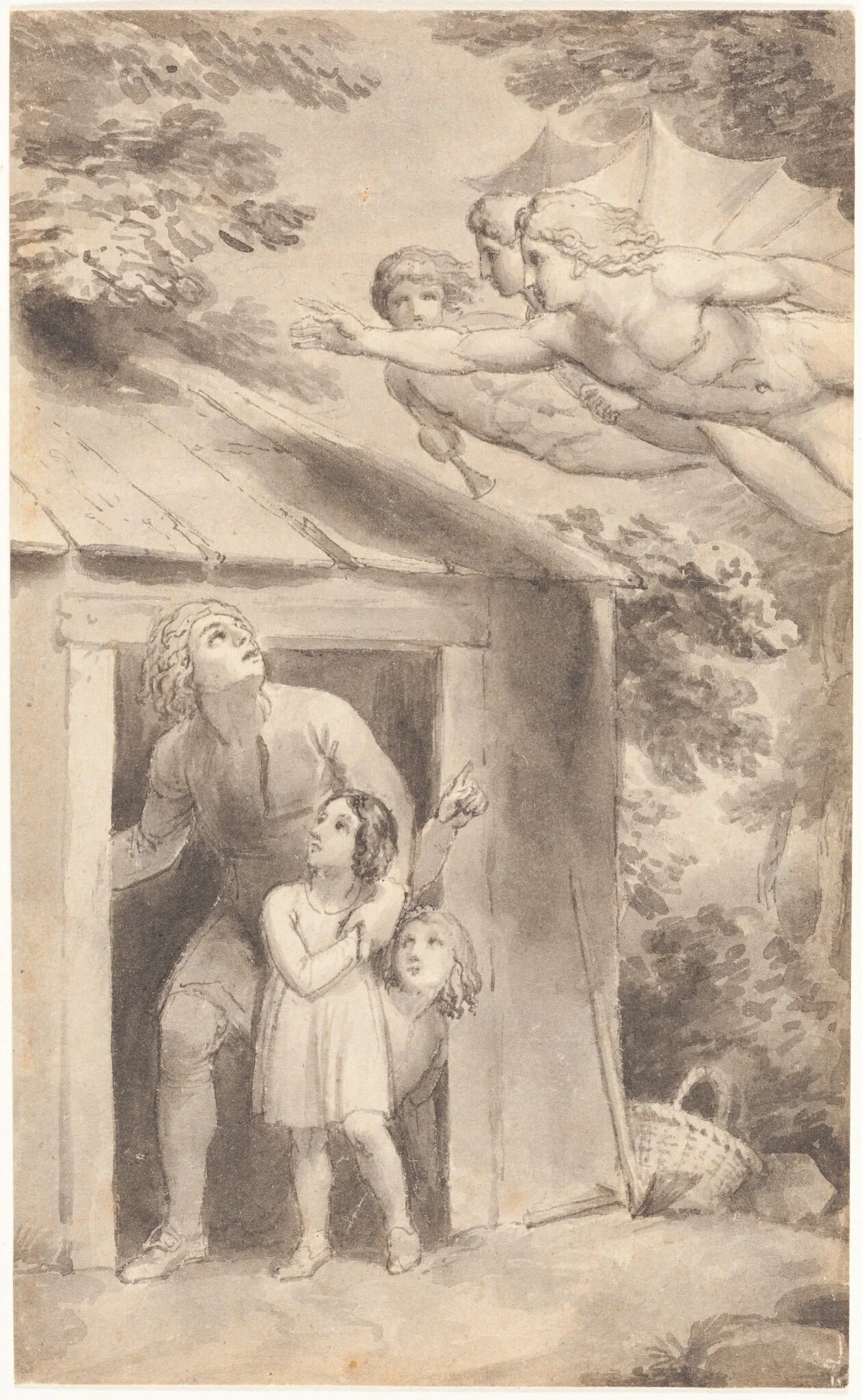 Peter and His Children Visited by Three Flying Figures, by Thomas Stothard, graphite, 1783