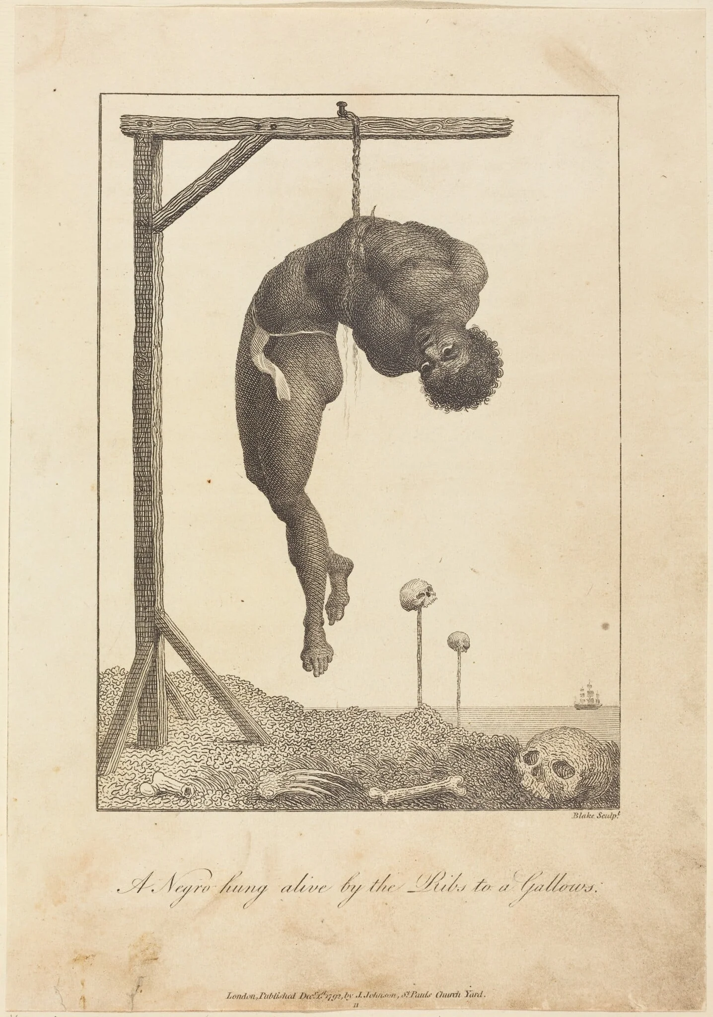 A Negro hung alive by the Ribs to a Gallows, by William Blake, ink, 1792