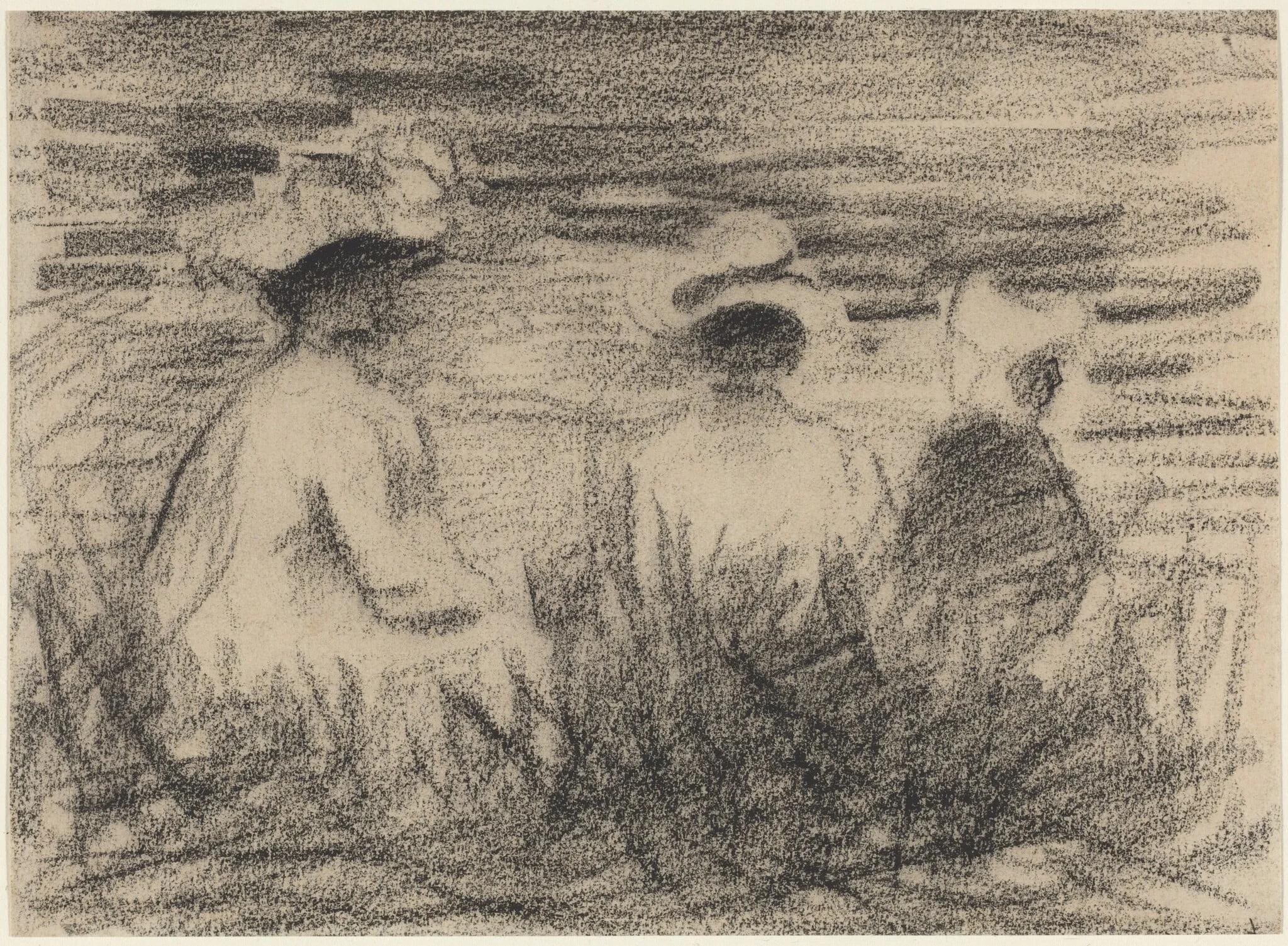 Three Figures Seated in a Meadow, Seen from the Back, by French 19th Century, charcoal, 1801