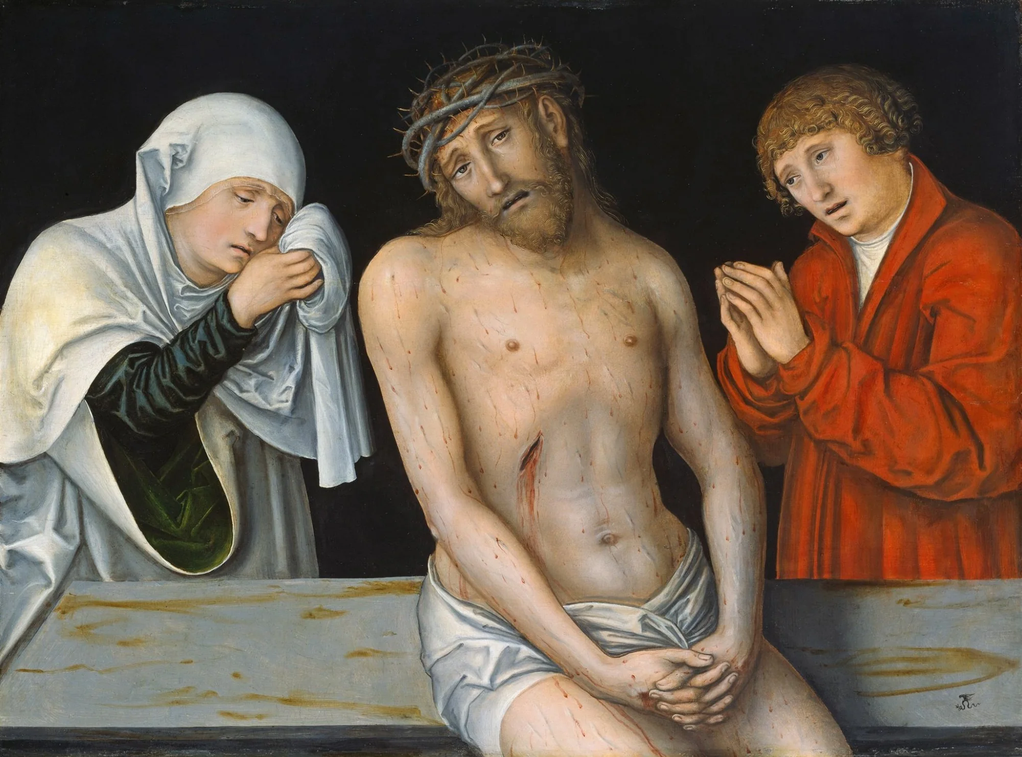 Man of Sorrows flanked by the Virgin and St John