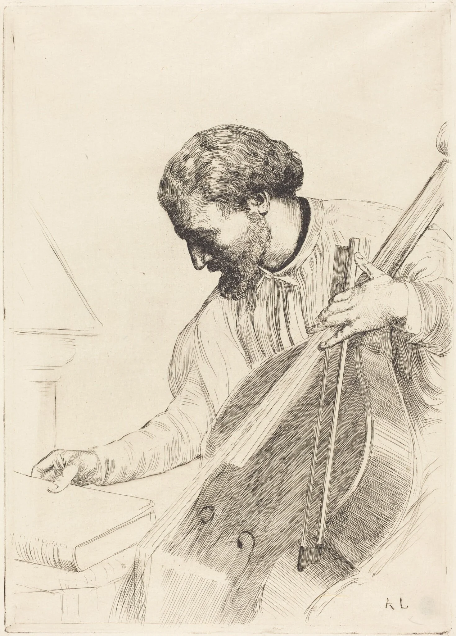 The Bass Player (Le joueur de contre-basse), by Alphonse Legros, ink, 1874