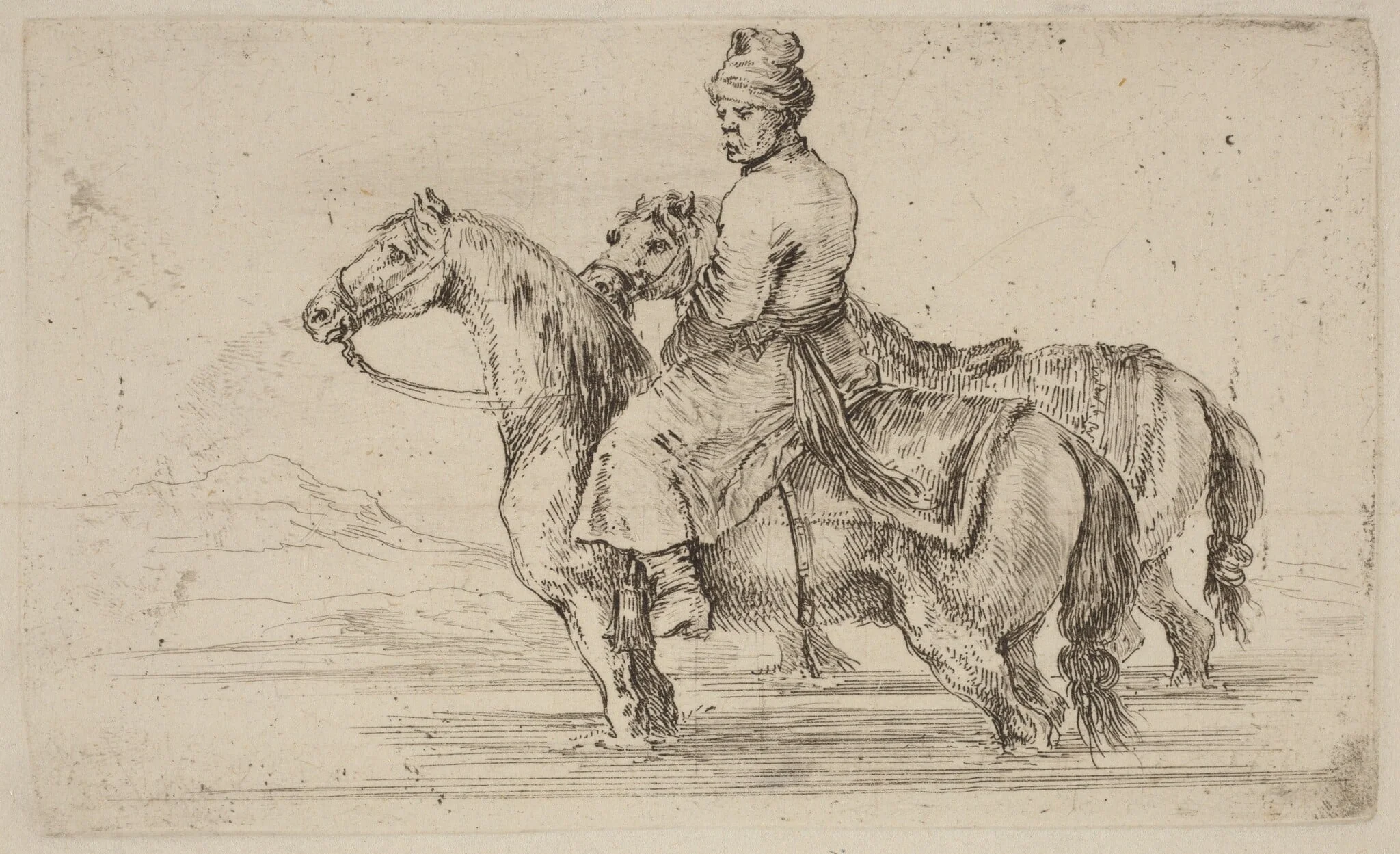 Polish Attendant with Two Horses, by Stefano Della Bella, ink, 1637