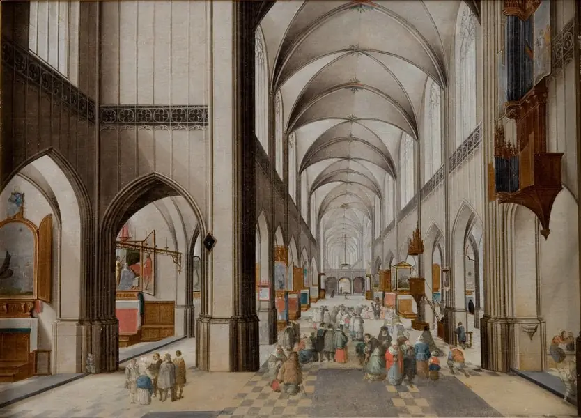 Interior of a Three-Aisled Gothic Church during a Sermon