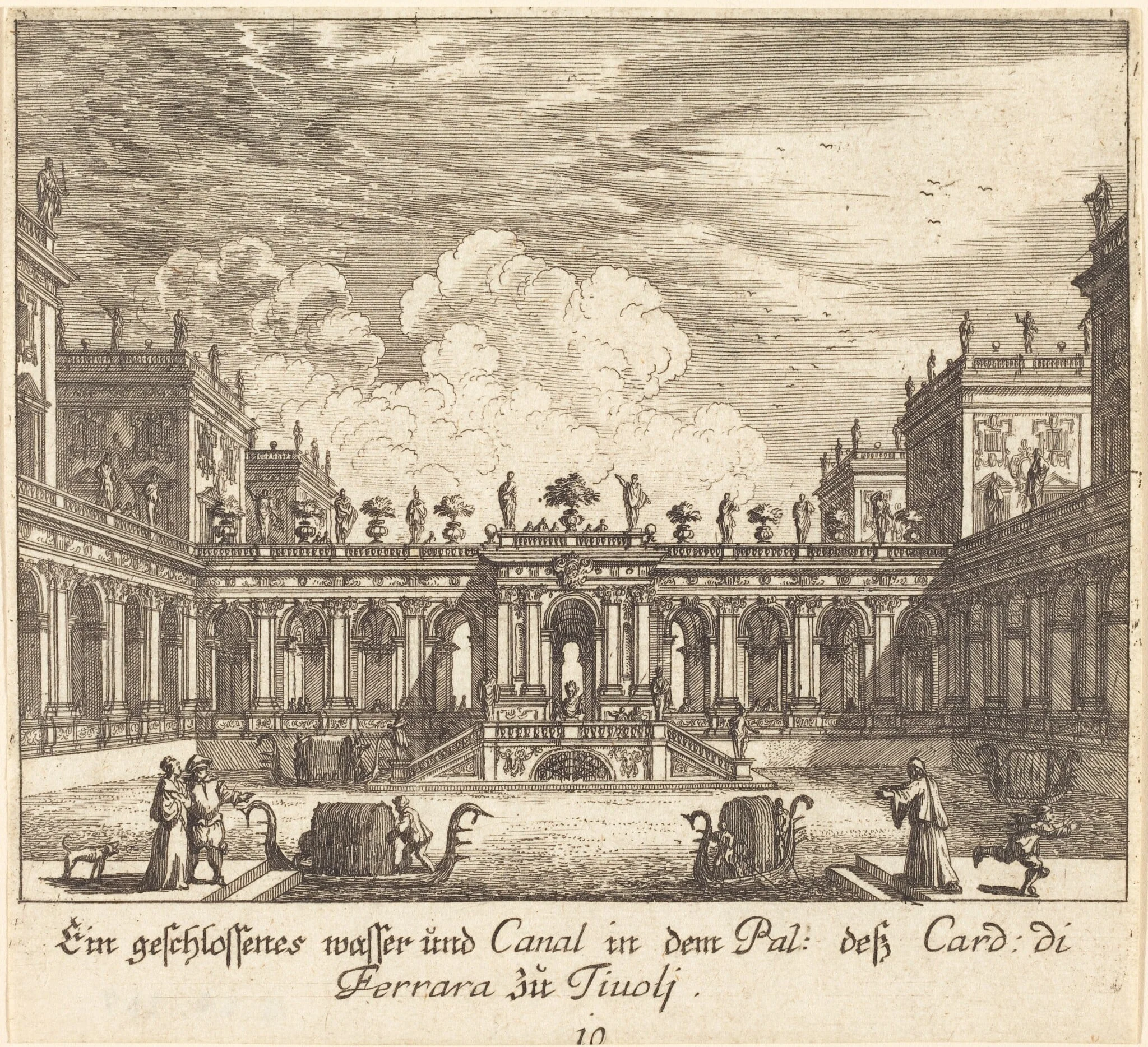 Palace and Canal, Cardinal di Ferrara, Tivoli, by Melchior Küsel, ink, 1681