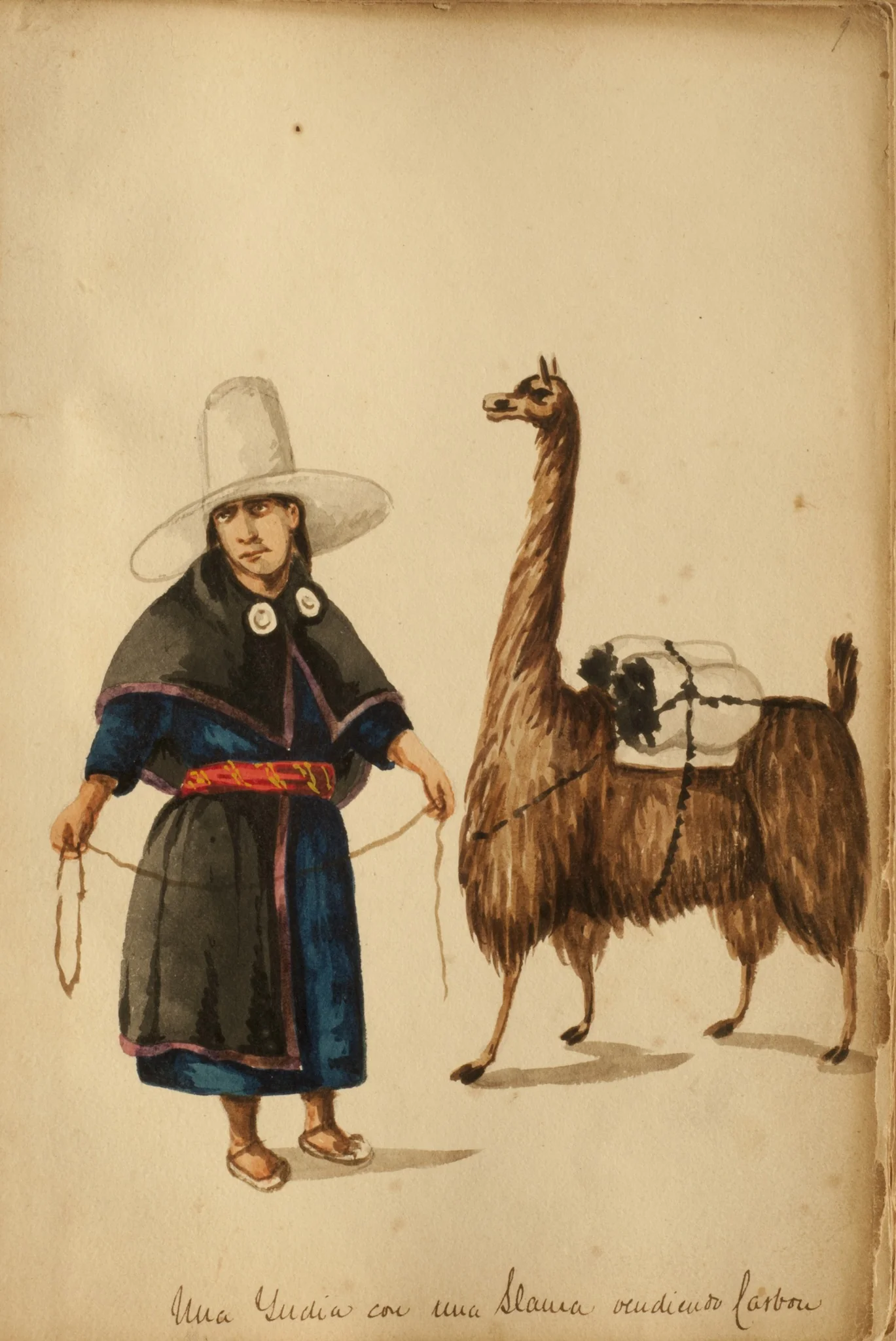 An Indian with a llama selling coal, by Pancho Fierro, unspecified, 1850