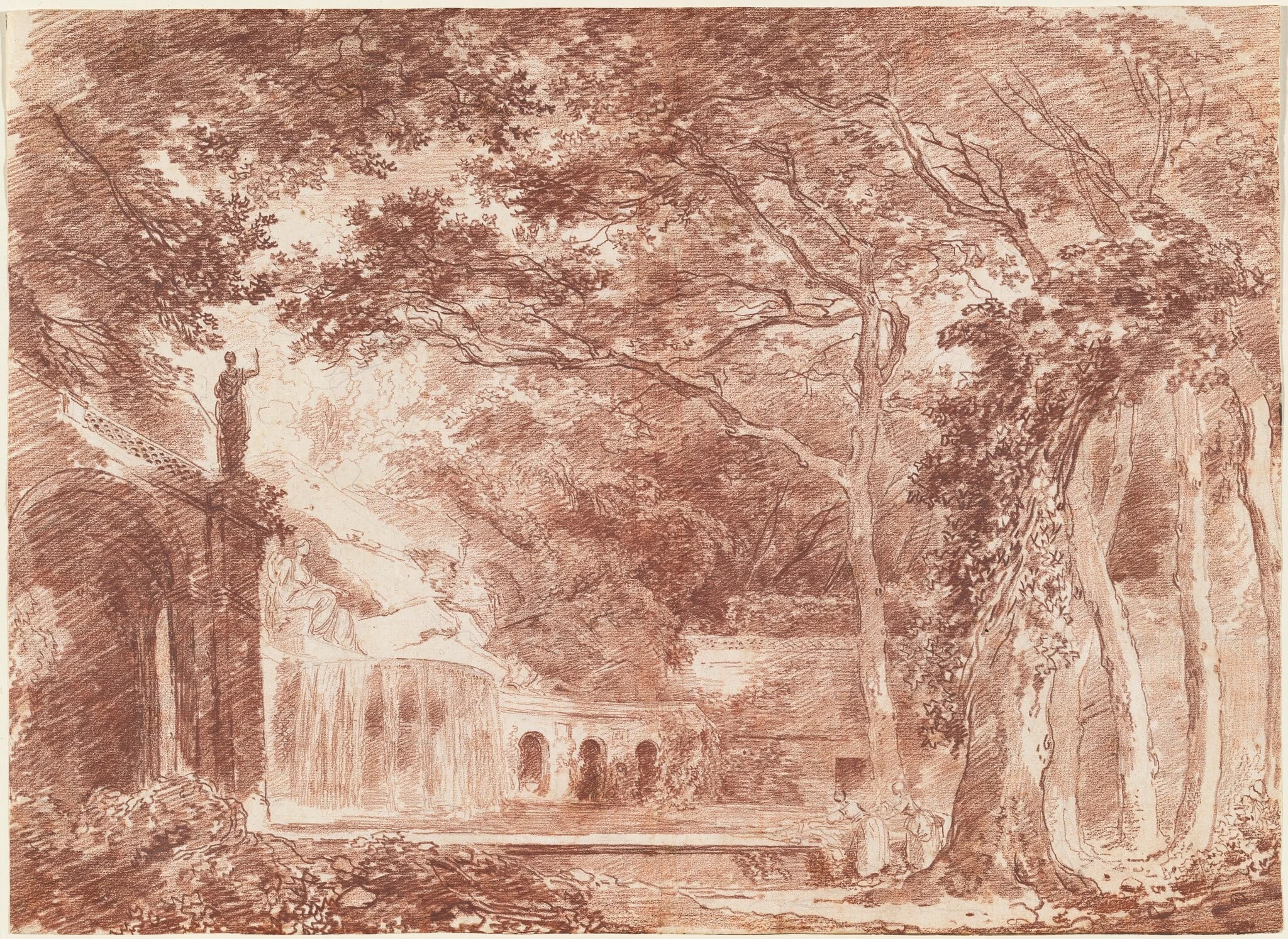 The Oval Fountain in the Gardens of the Villa d'Este, Tivoli, by Hubert Robert, graphite, 1760