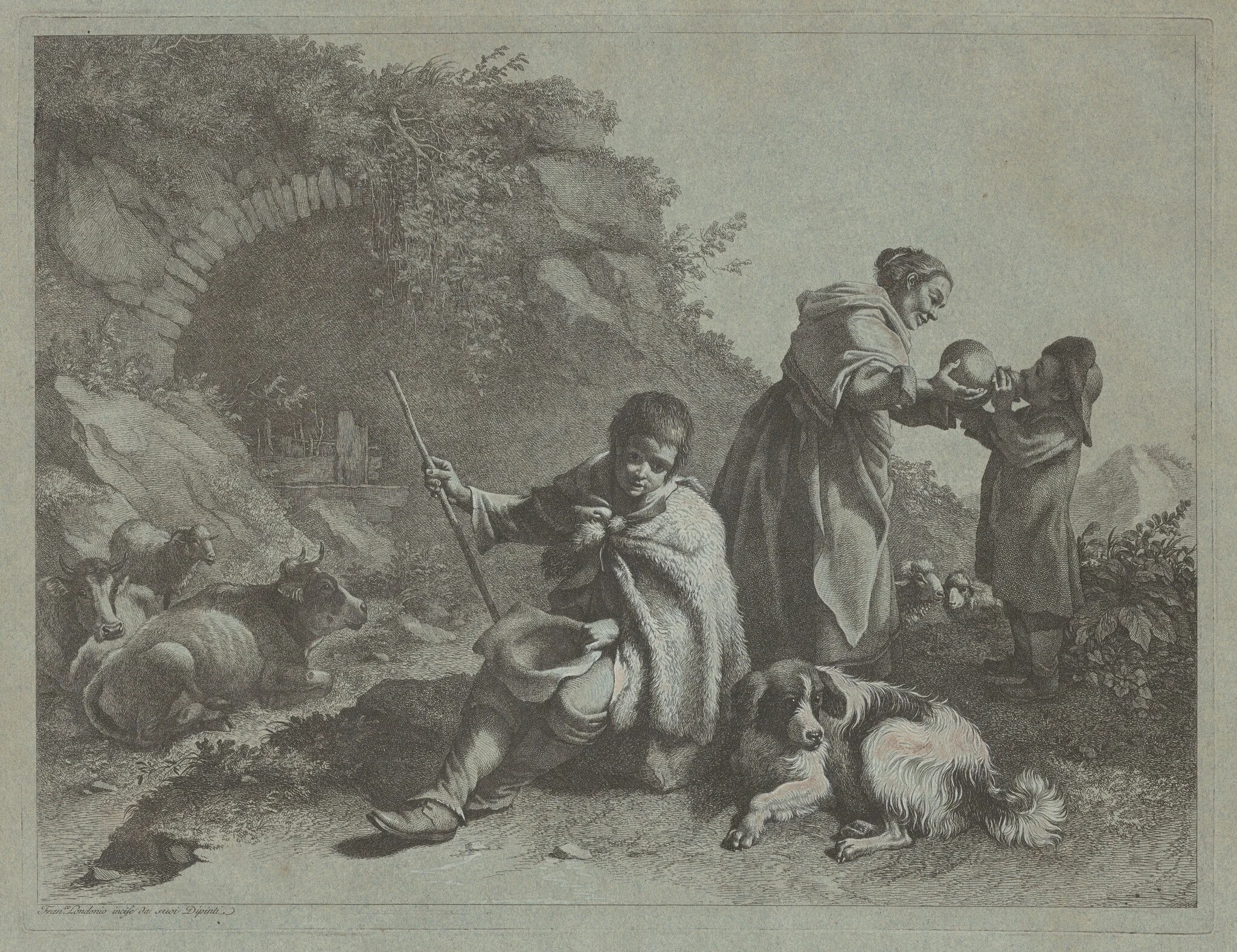 Seated Shepherd Boy and Woman Giving a Drink to a Child, by Francesco Londonio, ink, 1770