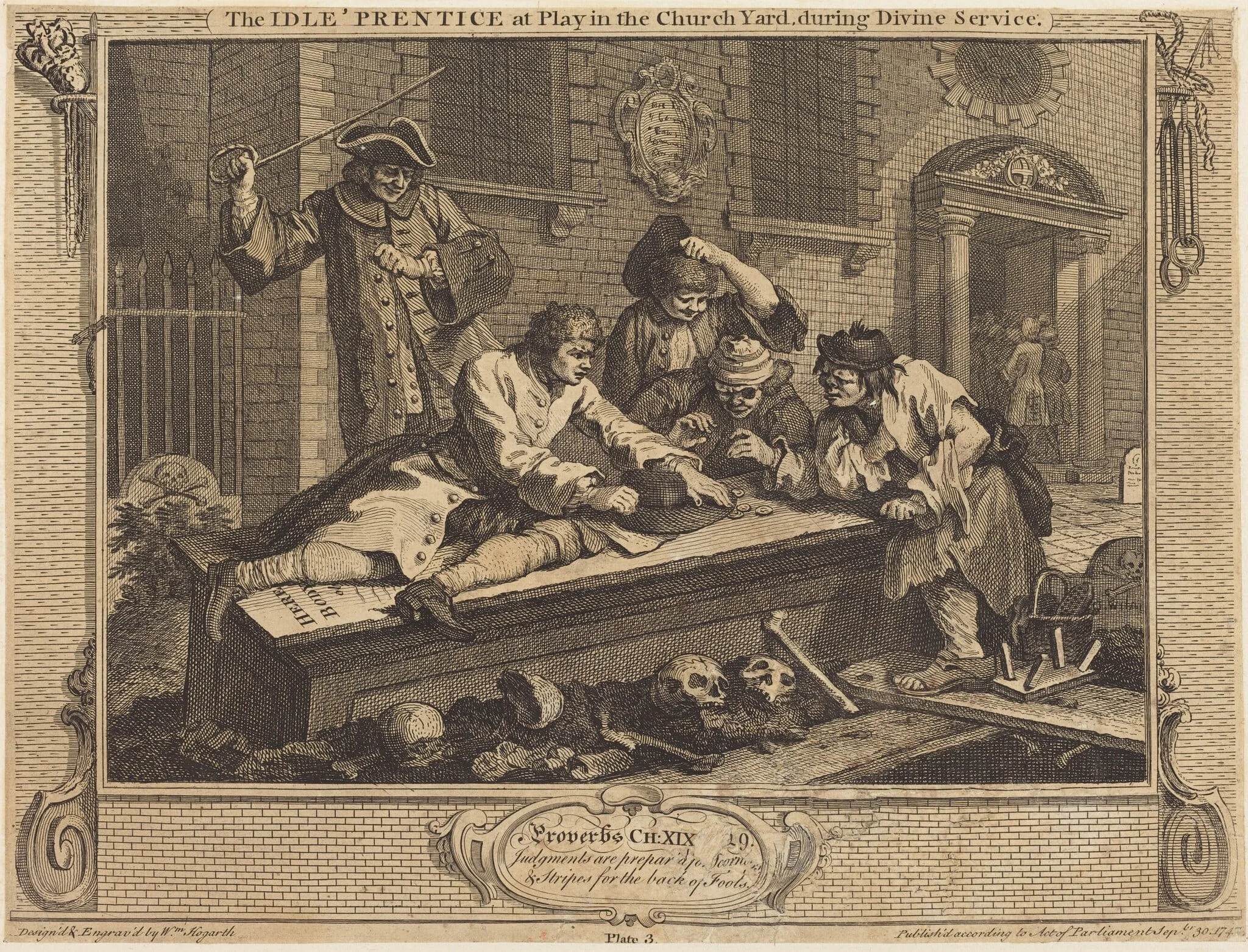 The Idle 'Prentice at Play in the Church Yard, during Divine Service, by William Hogarth, ink, 1747
