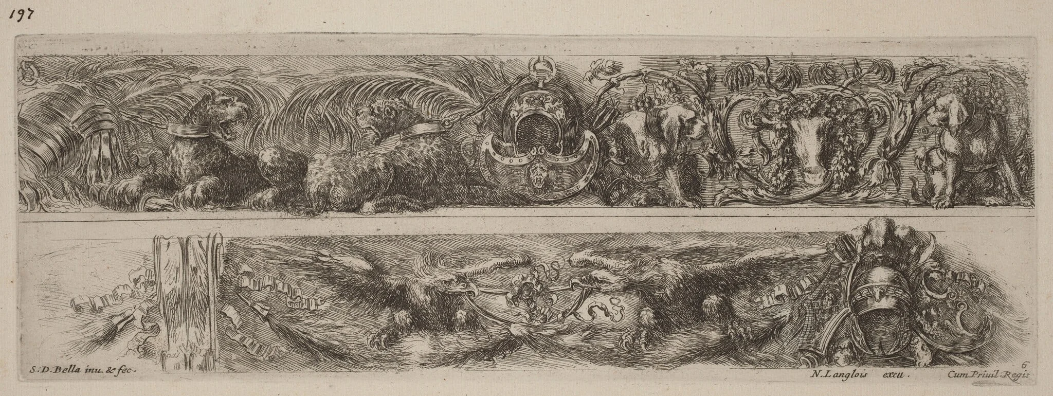 Two Ornamental Bands with Chained Leopards and Eagles, by Stefano Della Bella, ink, 1648