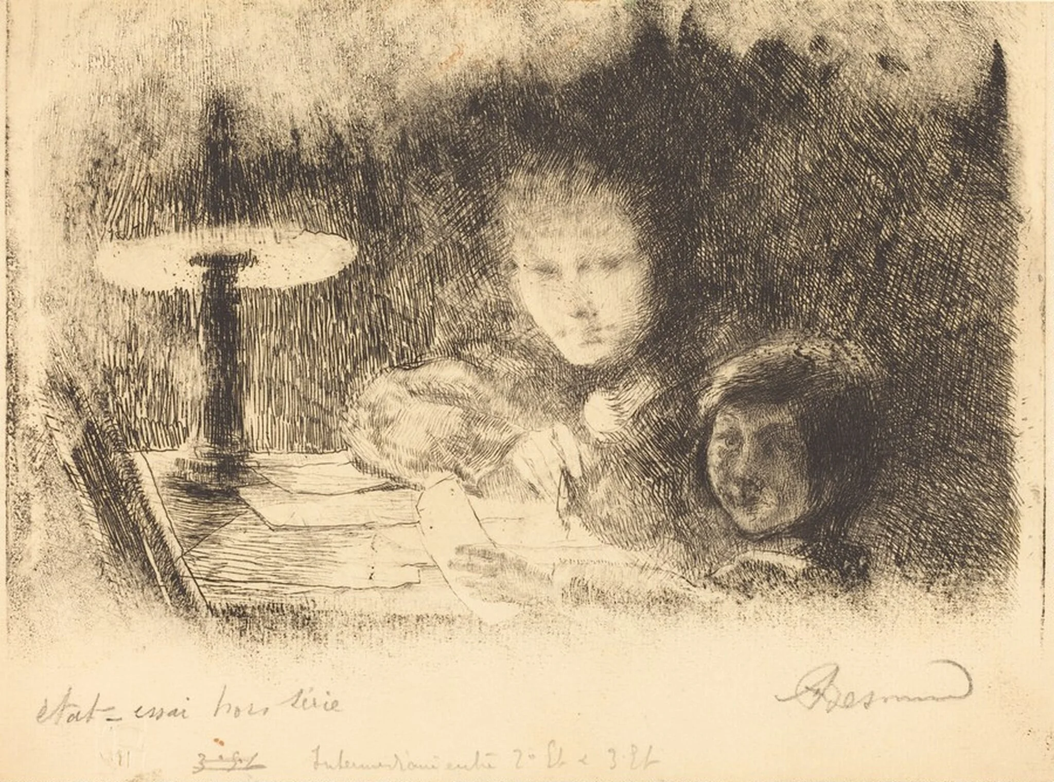 By the Lamp (Sous la Lampe), by Paul-Albert Besnard, ink, 1926
