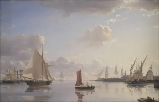 View from Langelinie towards the Royal naval Dockyards at Nyholm, Copenhagen. Morning Light