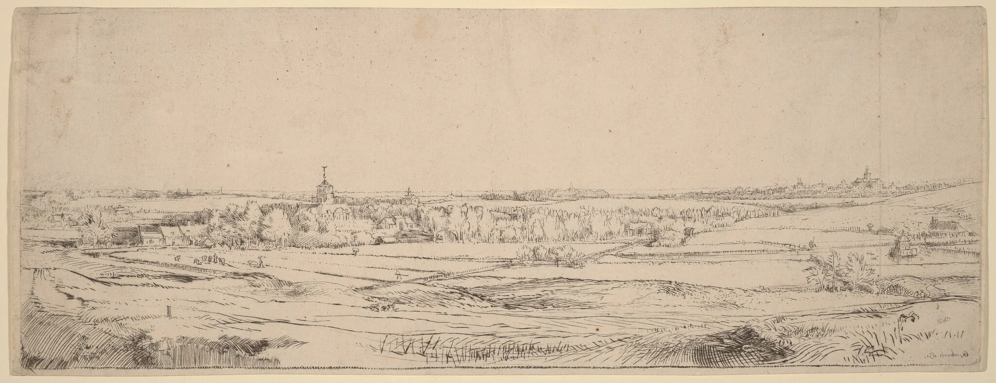 Landscape with a View Toward Haarlem (The Goldweigher's Field), by Rembrandt, ink, 1651