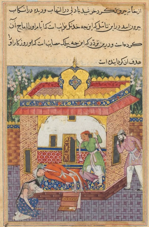 Latif, who has murdered his brother, falsely accuses Khurshid of the deed, from a Tuti-nama (Tales of a Parrot): Thirty-second Night, by Unknown, unspecified, 1560