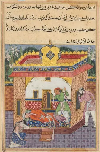Latif, who has murdered his brother, falsely accuses Khurshid of the deed, from a Tuti-nama (Tales of a Parrot): Thirty-second Night
