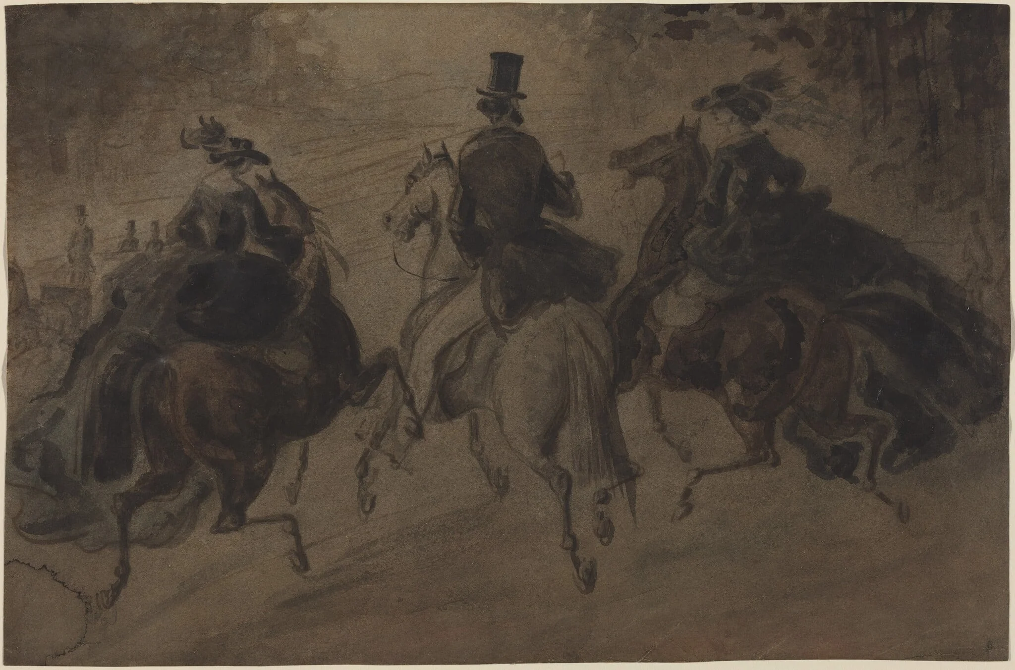Cavalier and Two Ladies on Horseback, by Constantin Guys, watercolor, 1848