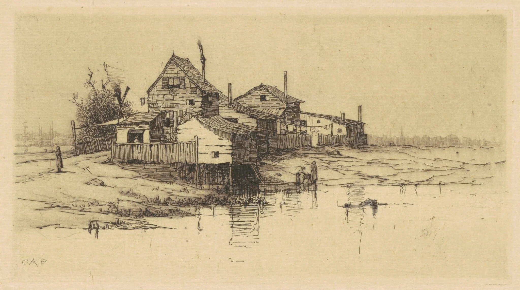 Shanties on the Harlem, by Charles A. Platt, ink, 1882