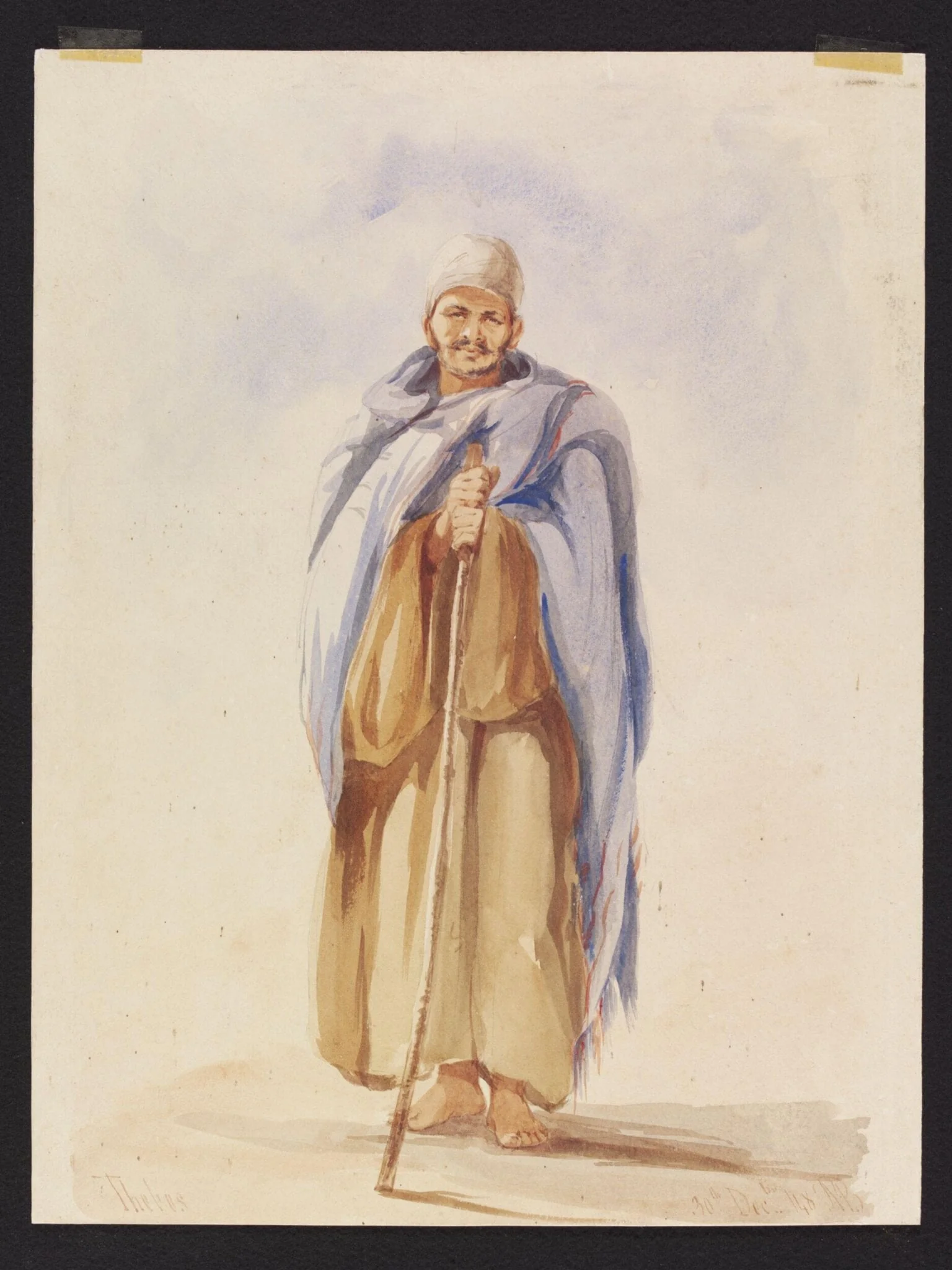 A Man with a Staff, Thebes, by Unknown, watercolor, 1848