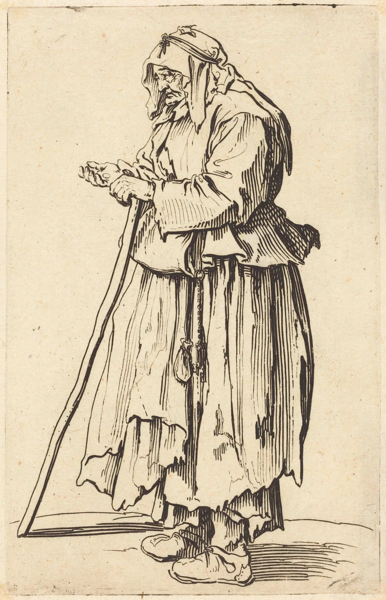Beggar Woman Receiving Charity, by Jacques Callot, ink, 1622