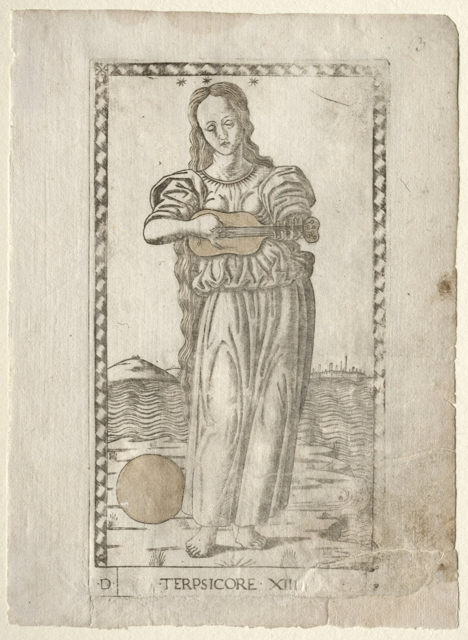 Terpsichore  (dancing and song) (from the Tarocchi series D:  Apollo and the Muses, #13), by Master of the E-Series Tarocchi, 1467