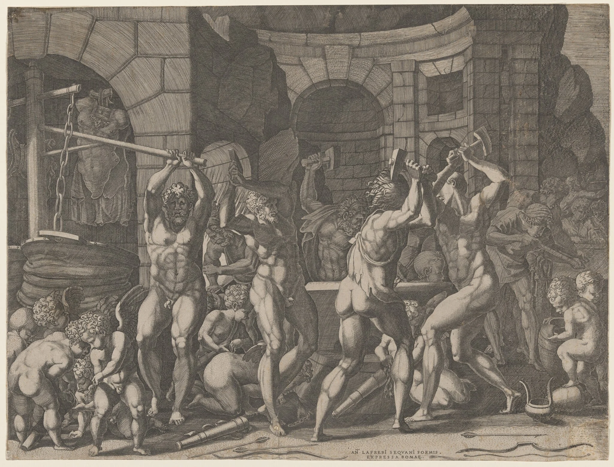 Vulcan and Cyclops Forging Cupid's Arrows, by Master FG, ink, 1544