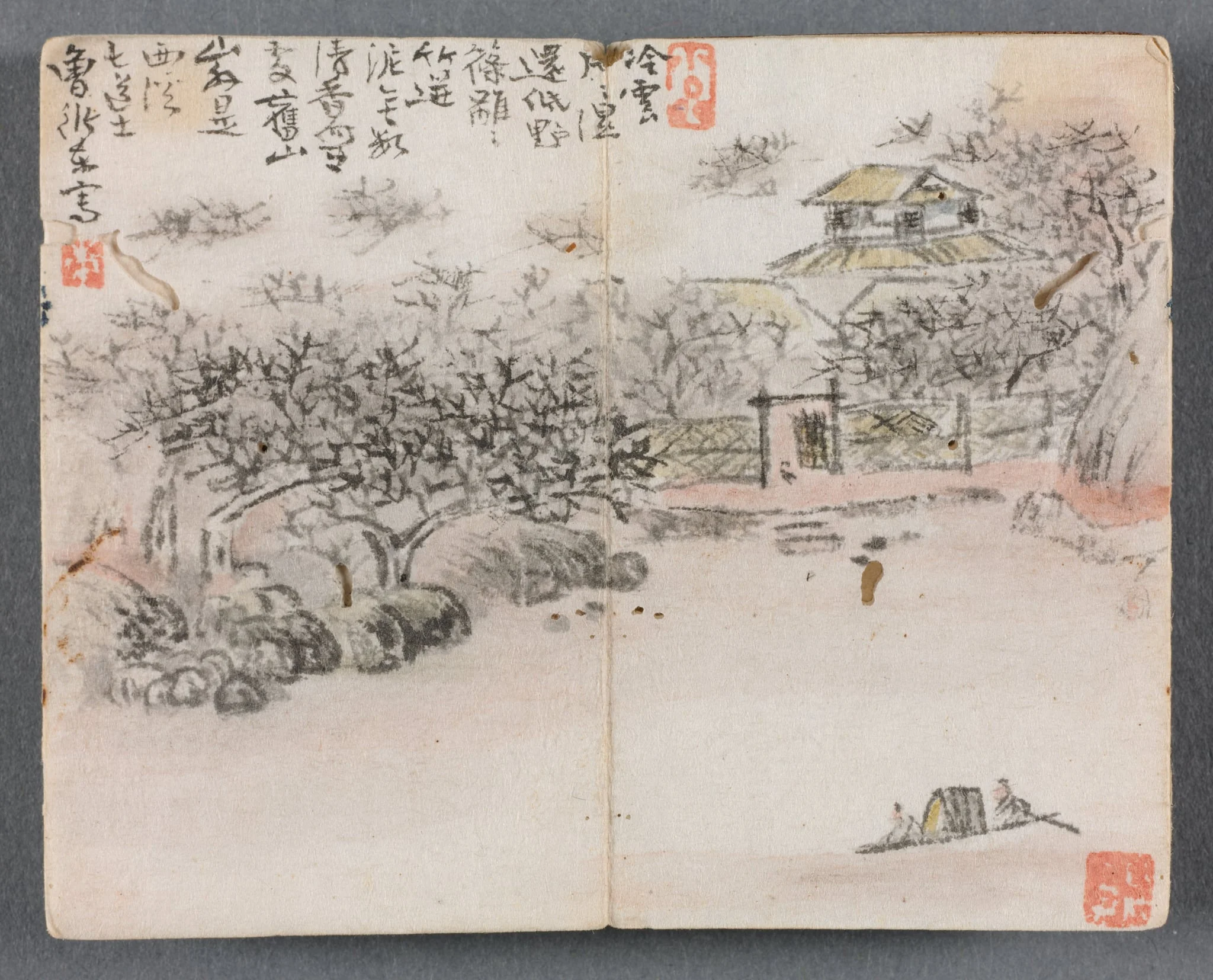 Miniature Album with Figures and Landscape (Landscape with Two Boatmen), by Zeng Yandong, unspecified, 1822
