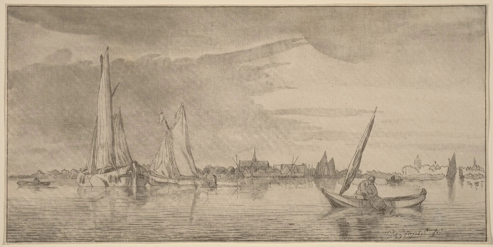 River with Town, by Jacobus Buys, ink, 1775
