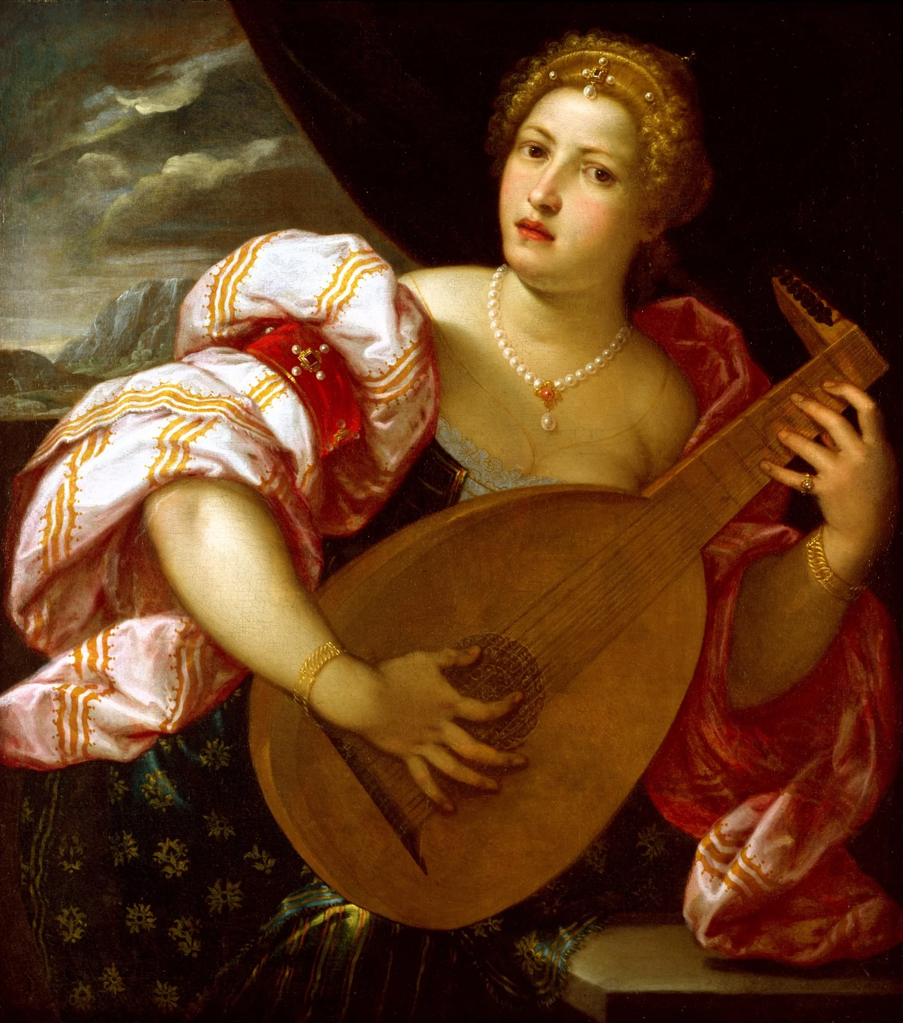 Young Woman Playing a Lute, by Parrasio Micheli, oil, 1570