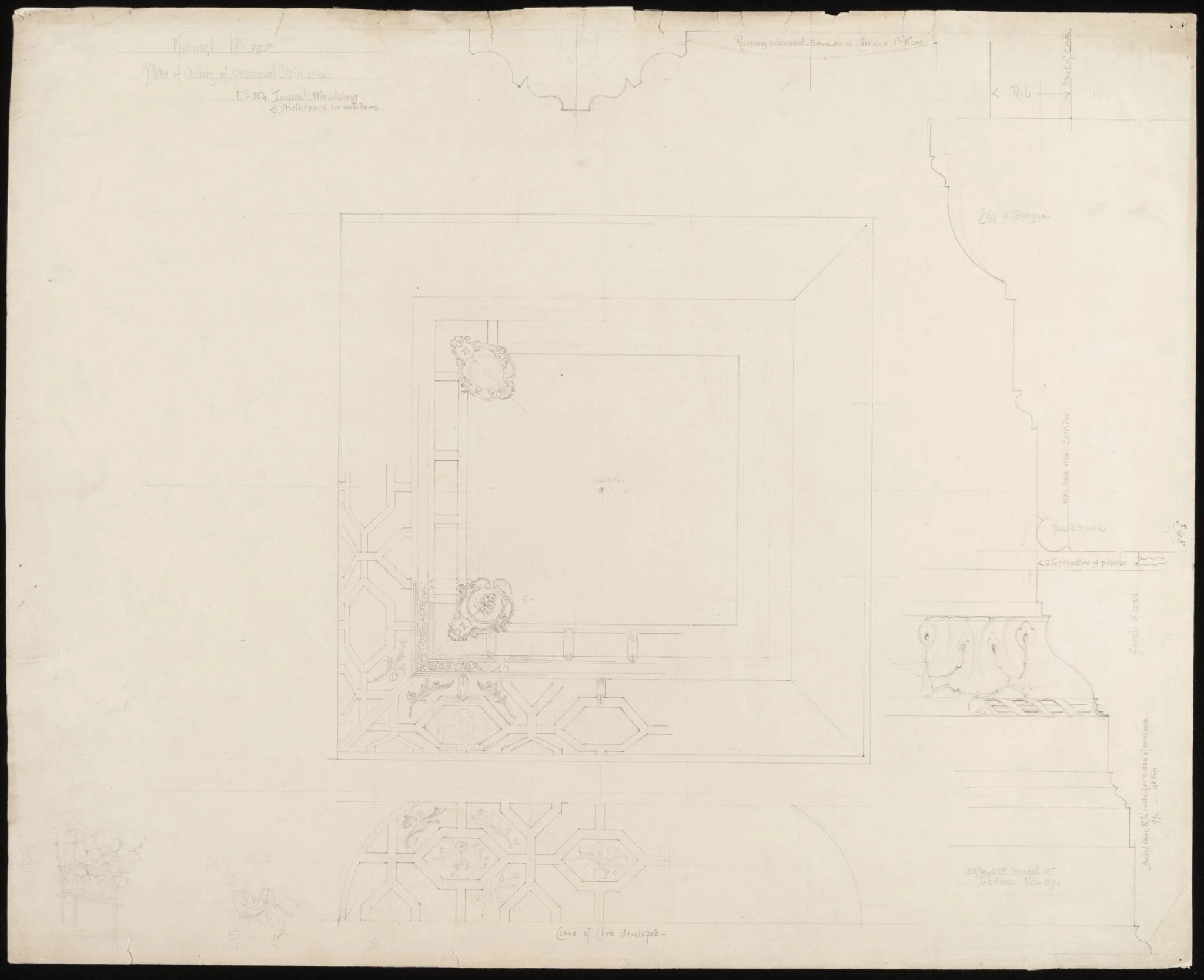 Kinmel Hall, drawing no. 348 and 354, plan of ceiling for principal staircase, by William Eden Nesfield, 1874