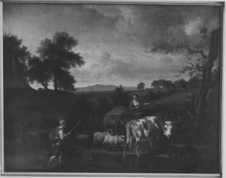 Landscape with shepherds and cattle at a ford