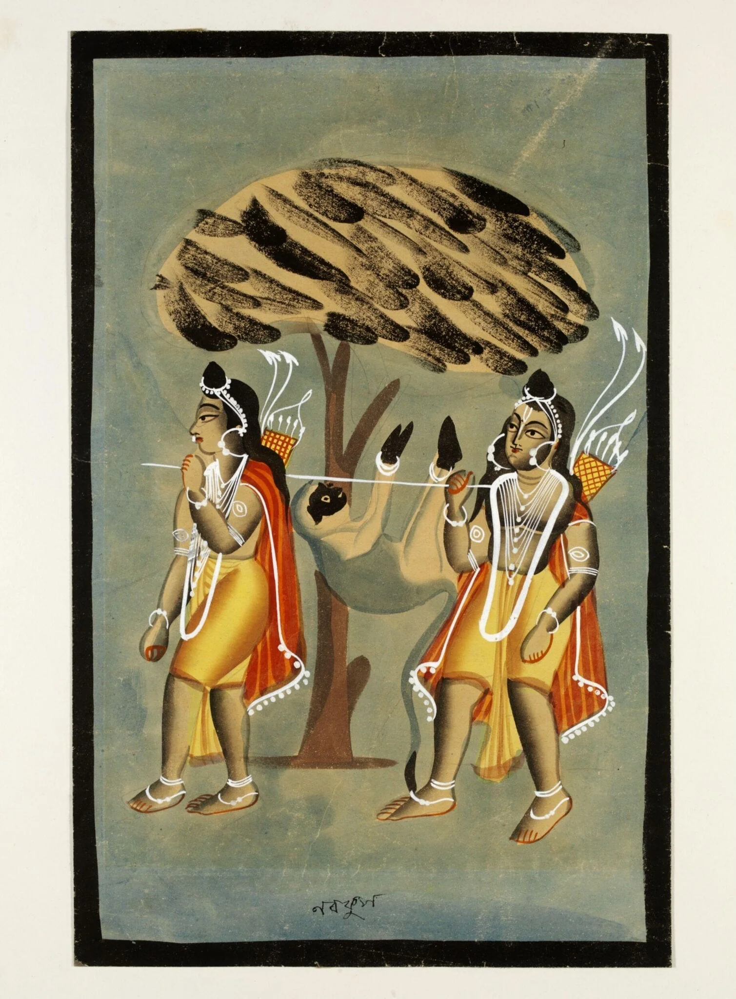 Lava and Kusha carrying Hanuman, by Unknown, paint, 1885