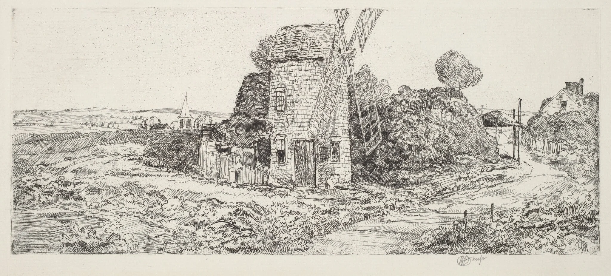 A Long Island Windmill, by Childe Hassam, ink, 1929