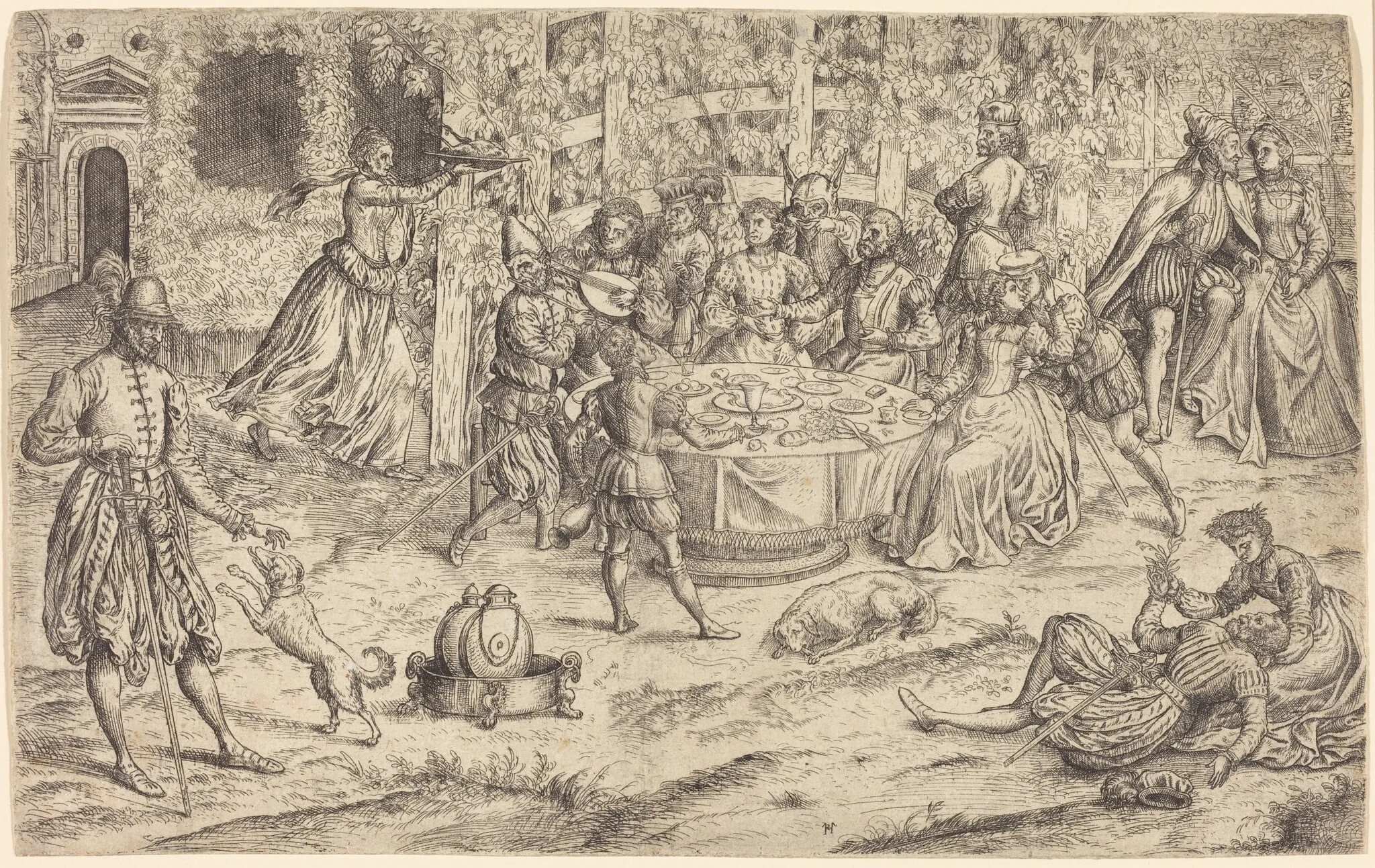 Banquet in the Park of a French Castle, by Master HS, ink, 1550