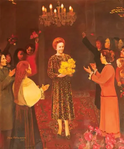 Tablou, ulei pe pânză, „Elena Ceaușescu”, semnat Dan Hatmanu și datat 1989 în partea stângă jos. Tabloul o prezintă pe Elena Ceaușescu într-un cadru festiv, cu un buchet de flori în brațe, primind urale din partea unui grup de femei (membrele Consiliului Nașional al Femeilor). Comandat de Consiliul Național al Femeilor și oferit cu ocazia aniversării zilei de naștere (ianuarie 1989).