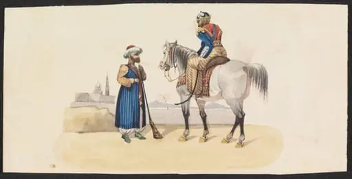 Mounted crusader [?] holding discussion with standing man