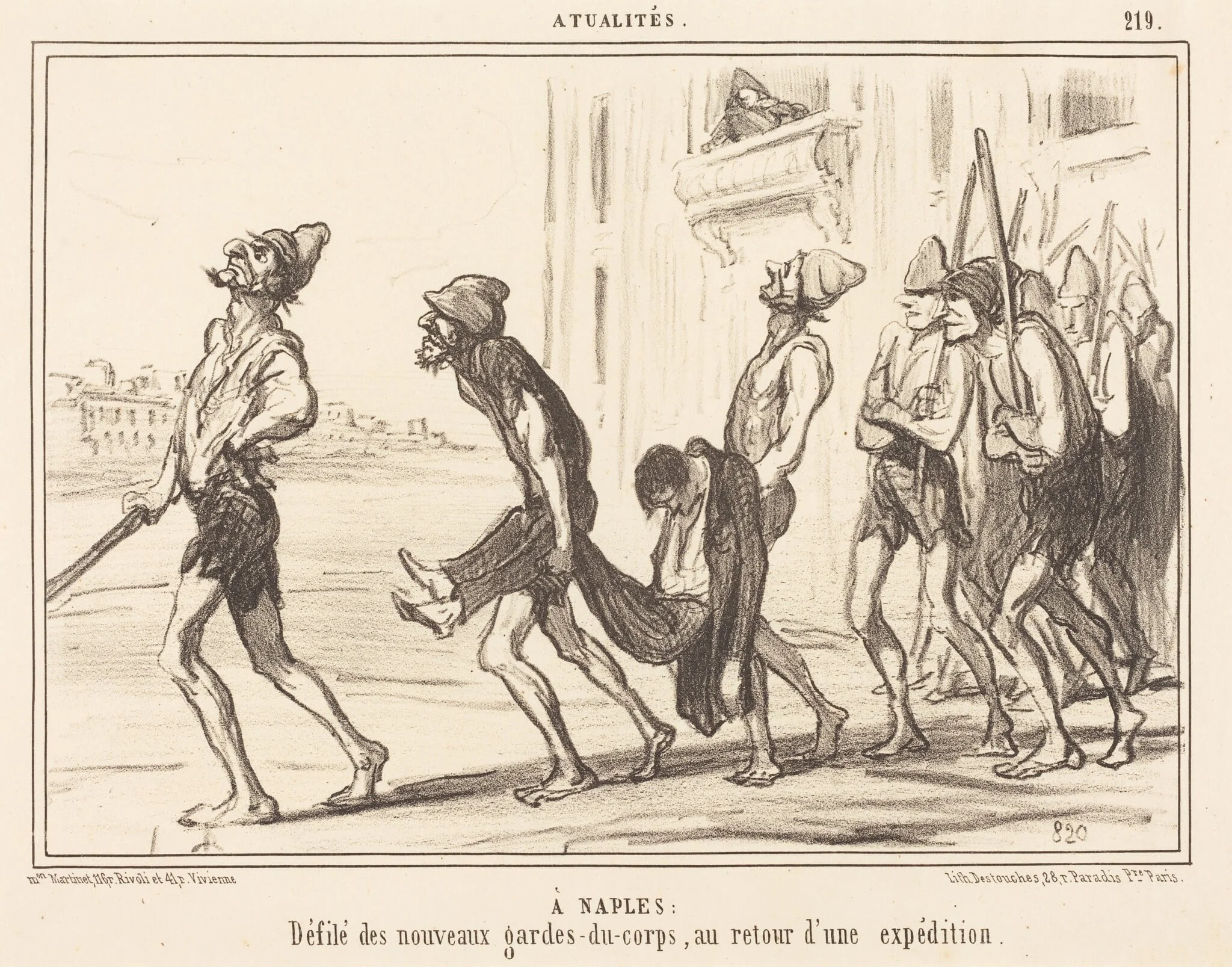 A Naples: Défilé des... gardes-du-corps..., by Honoré Daumier, ink, 1855