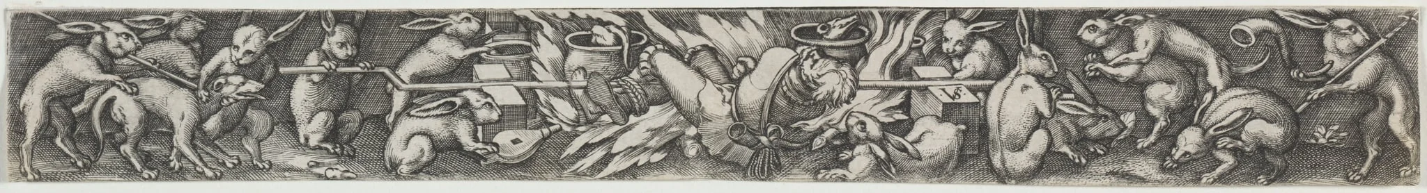Rabbits Roasting a Hunter and His Dogs, by Virgil Solis, 1504