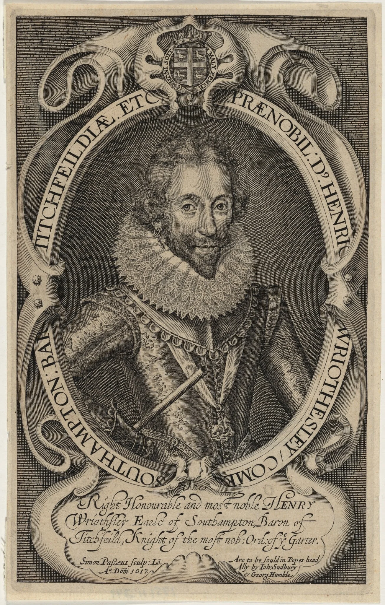 Henry Wriothersley, Third Earl of Southampton, by Simon van de Passe, ink, 1617