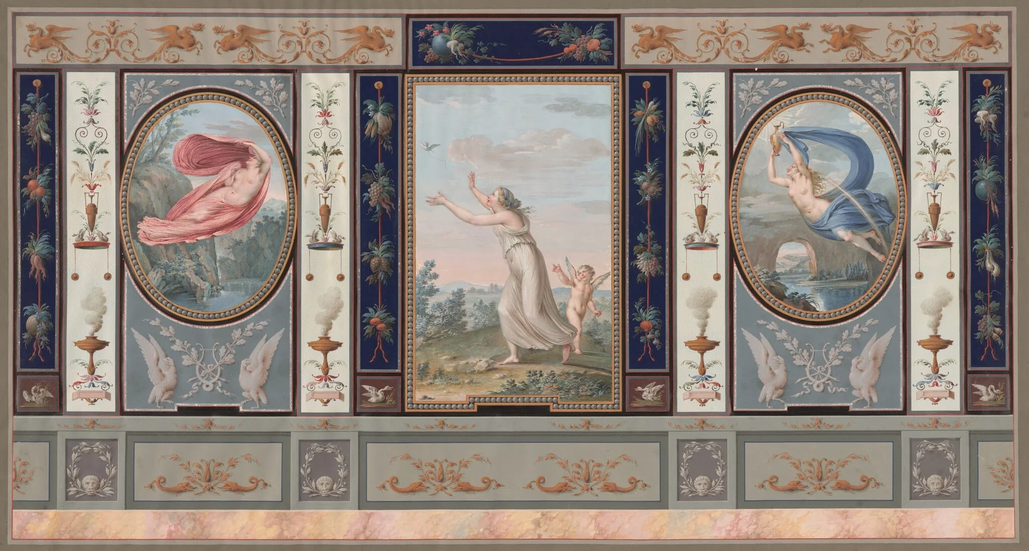 Elaborate Wall Decoration with Endymion and Hebe, by Tommaso Bigatti, gouache, 1800