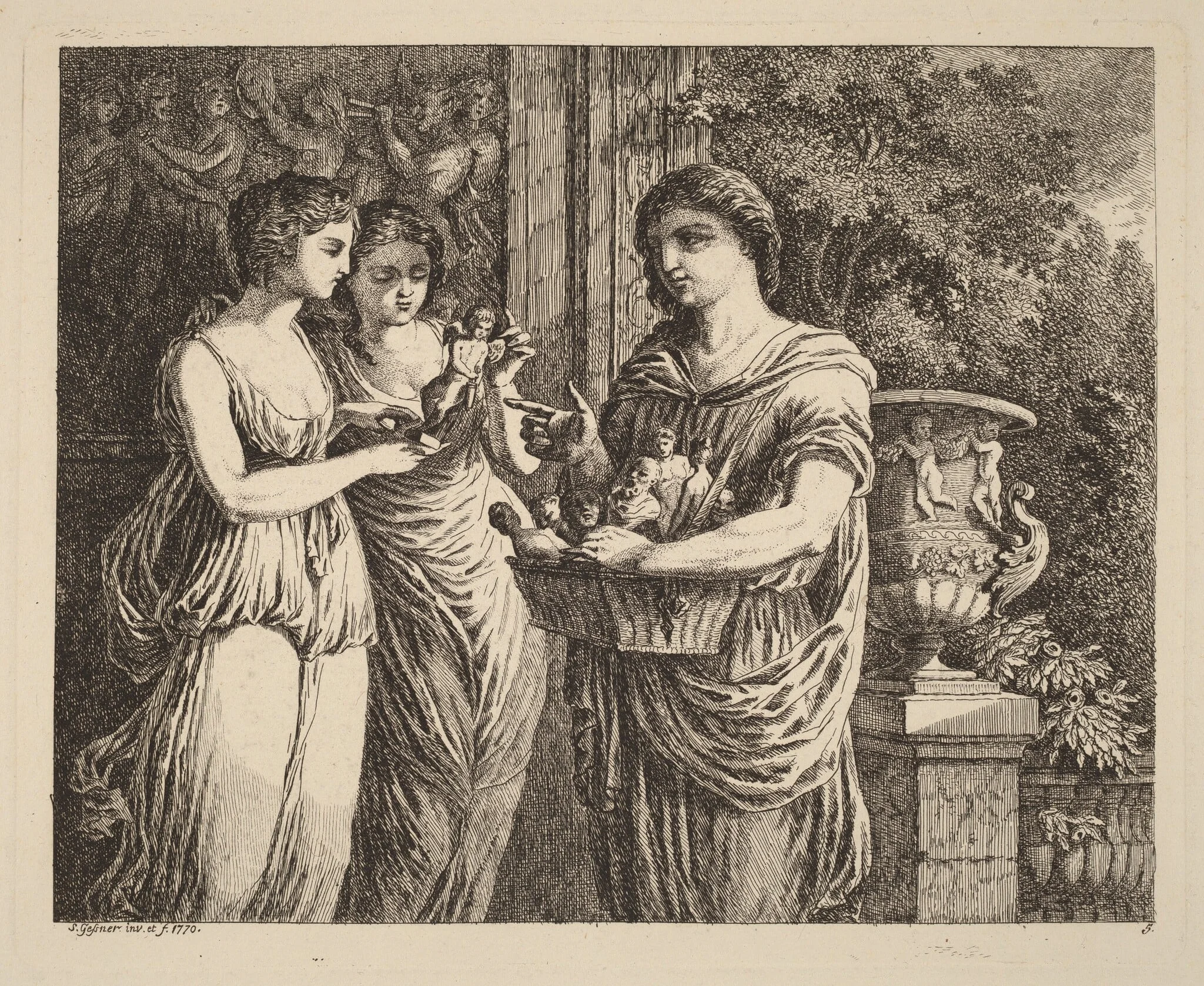 Figurine Seller with Two Girls, by Salomon Gessner, ink, 1770