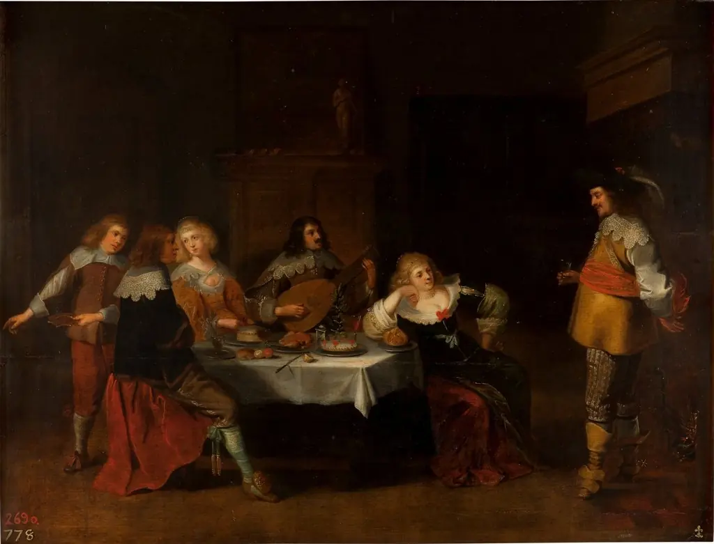 Elegant company in an interior oder Banquet of courtesans and soldiers