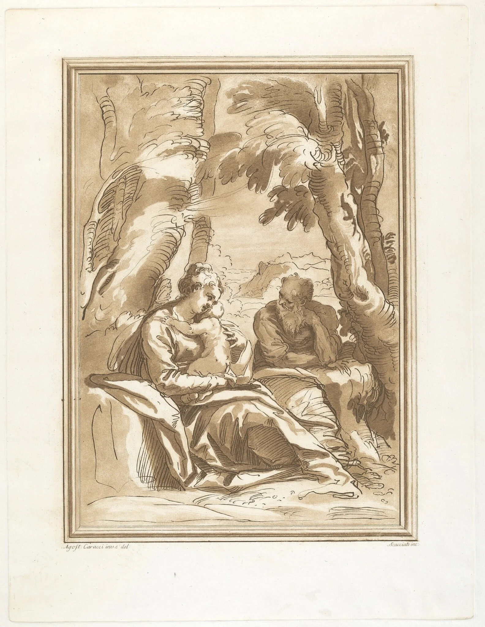 Rest on the Flight into Egypt, by Andrea Scacciati, ink, 1766