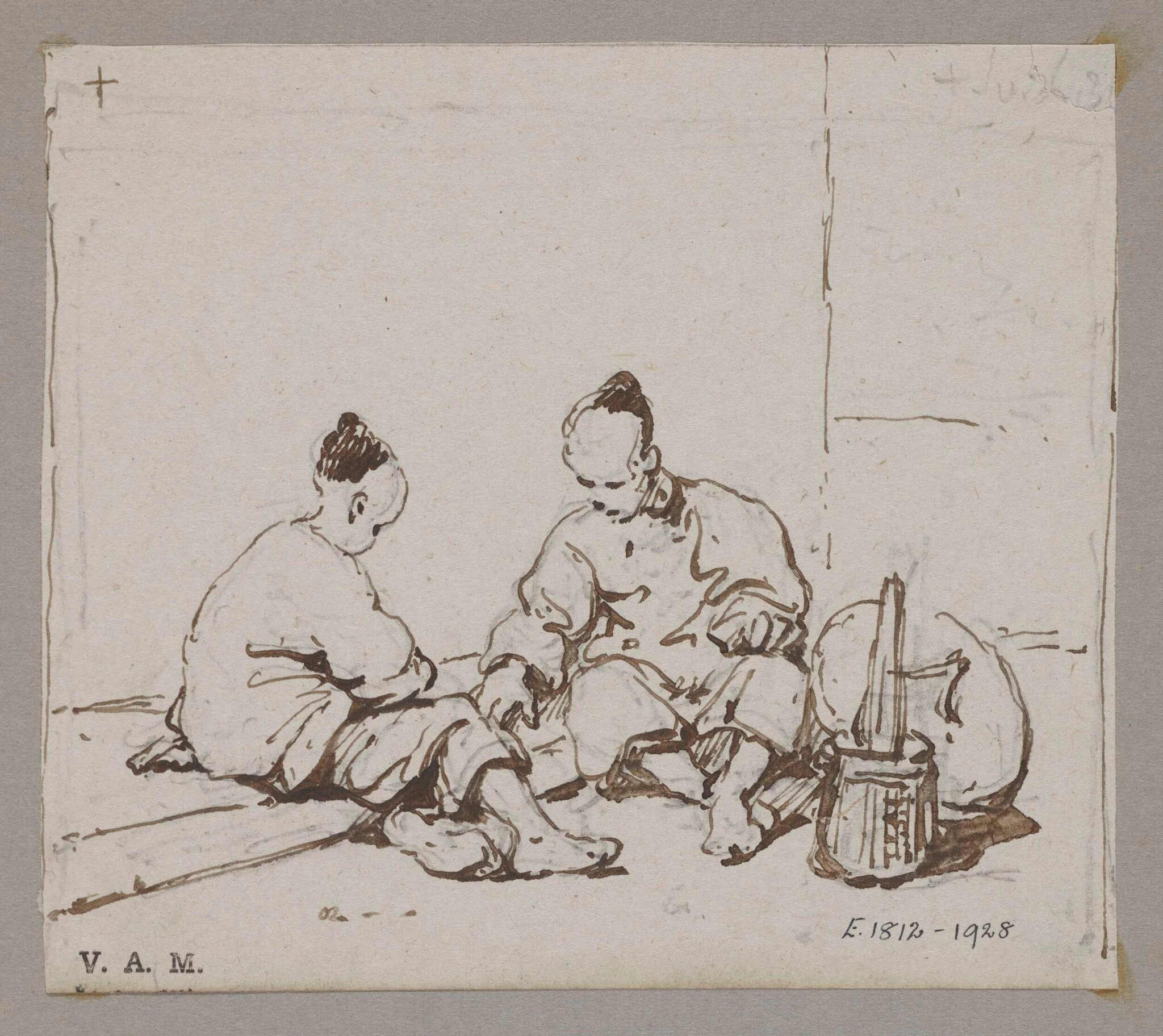 Two seated Chinese figures with a basket and hat, by George Chinnery, 19