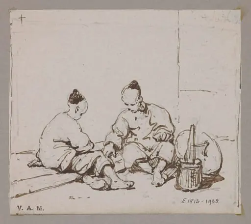 Two seated Chinese figures with a basket and hat
