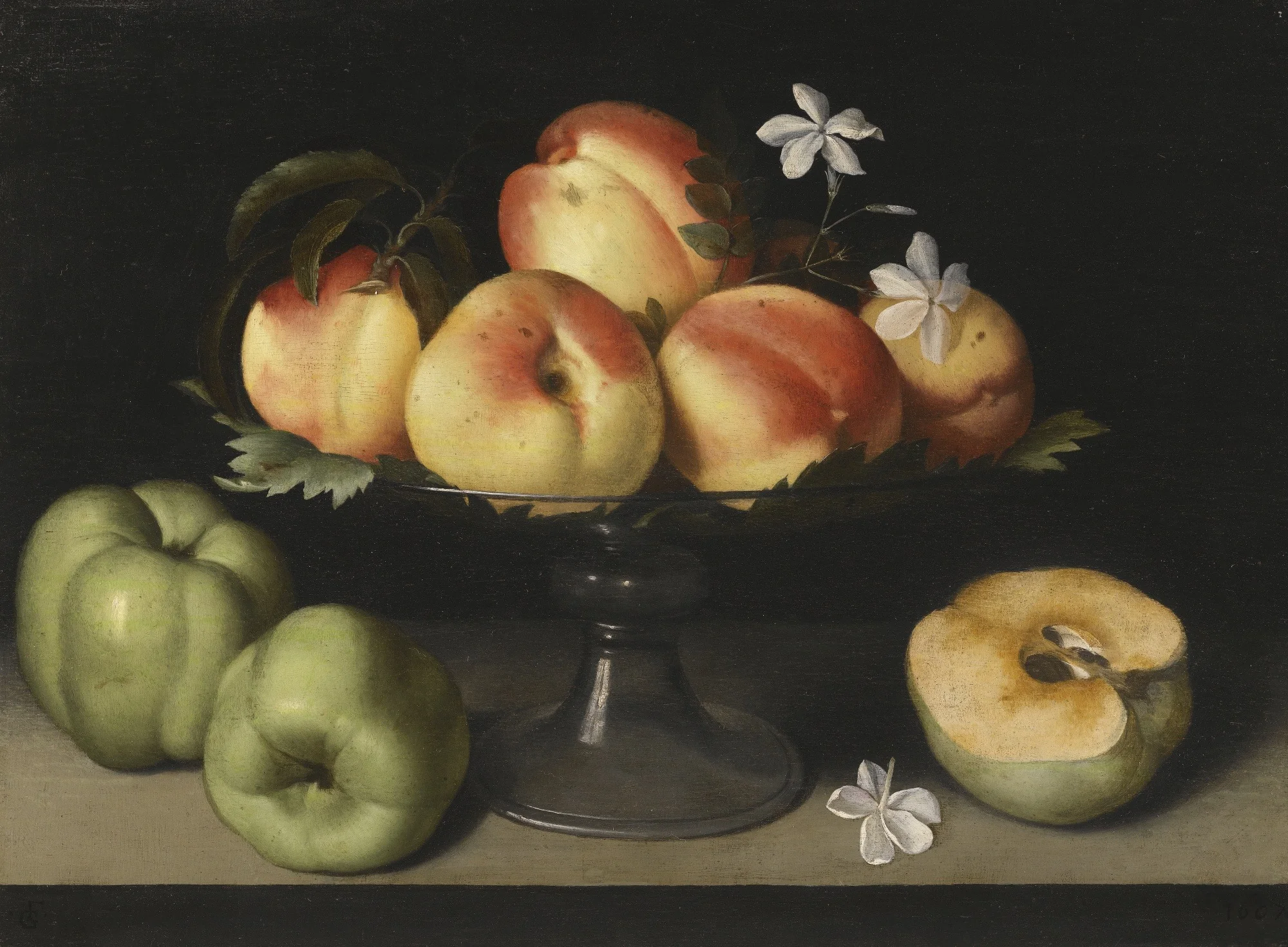 A Crystal Fruit Stand with Peaches, Quinces, and Jasmine Flowers, by Fede Galizia, oil, 1607