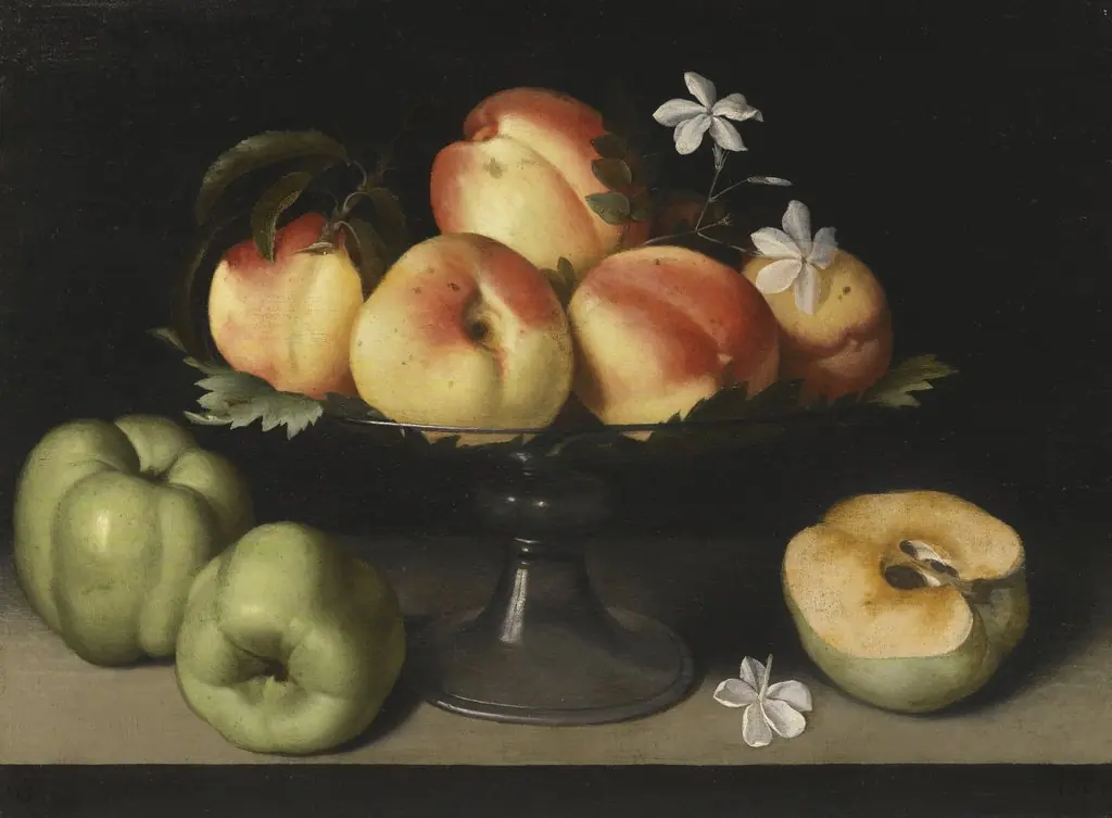 A Crystal Fruit Stand with Peaches, Quinces, and Jasmine Flowers