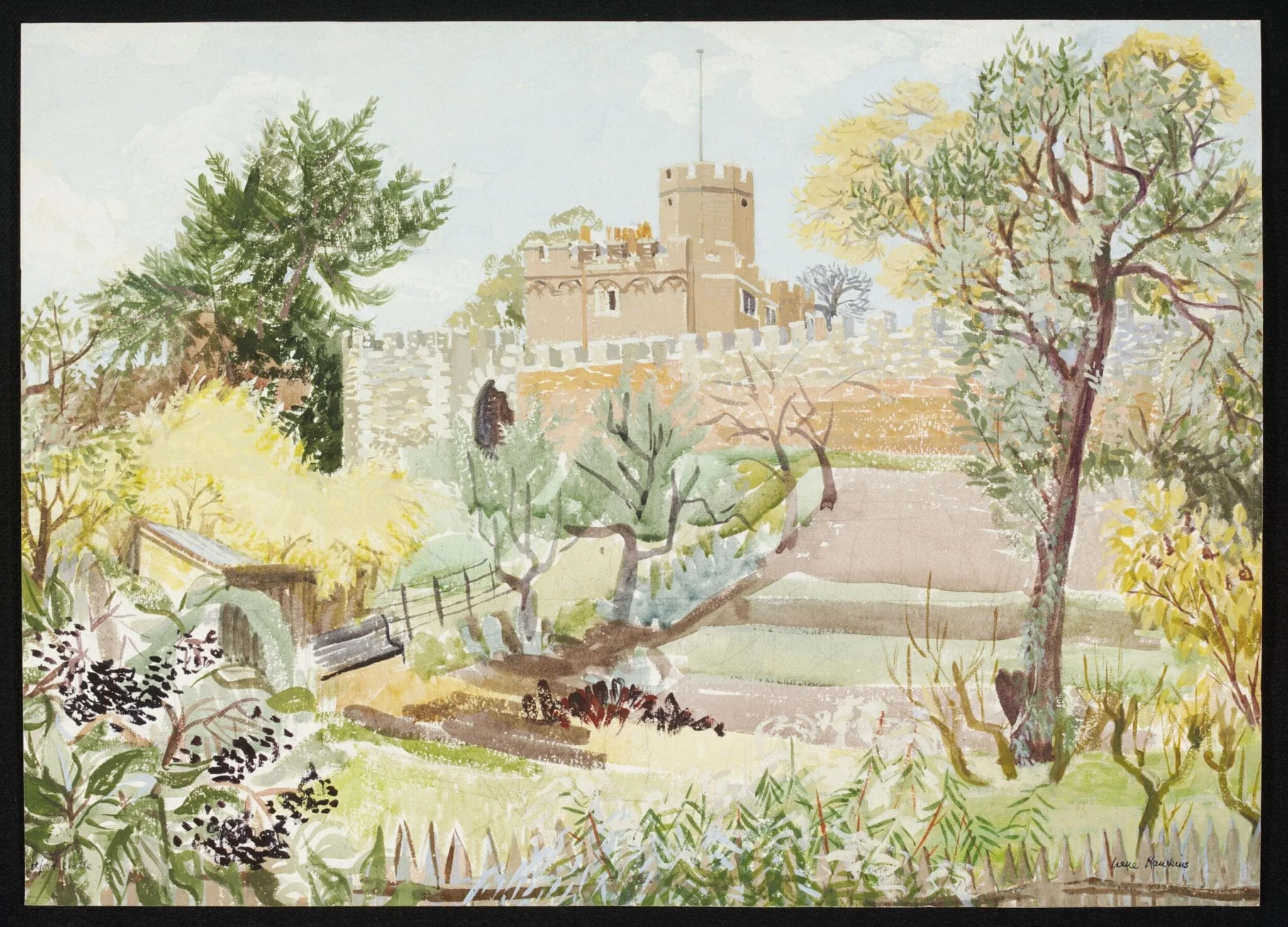 Hertford Castle, by Hawkins, watercolor, 1940