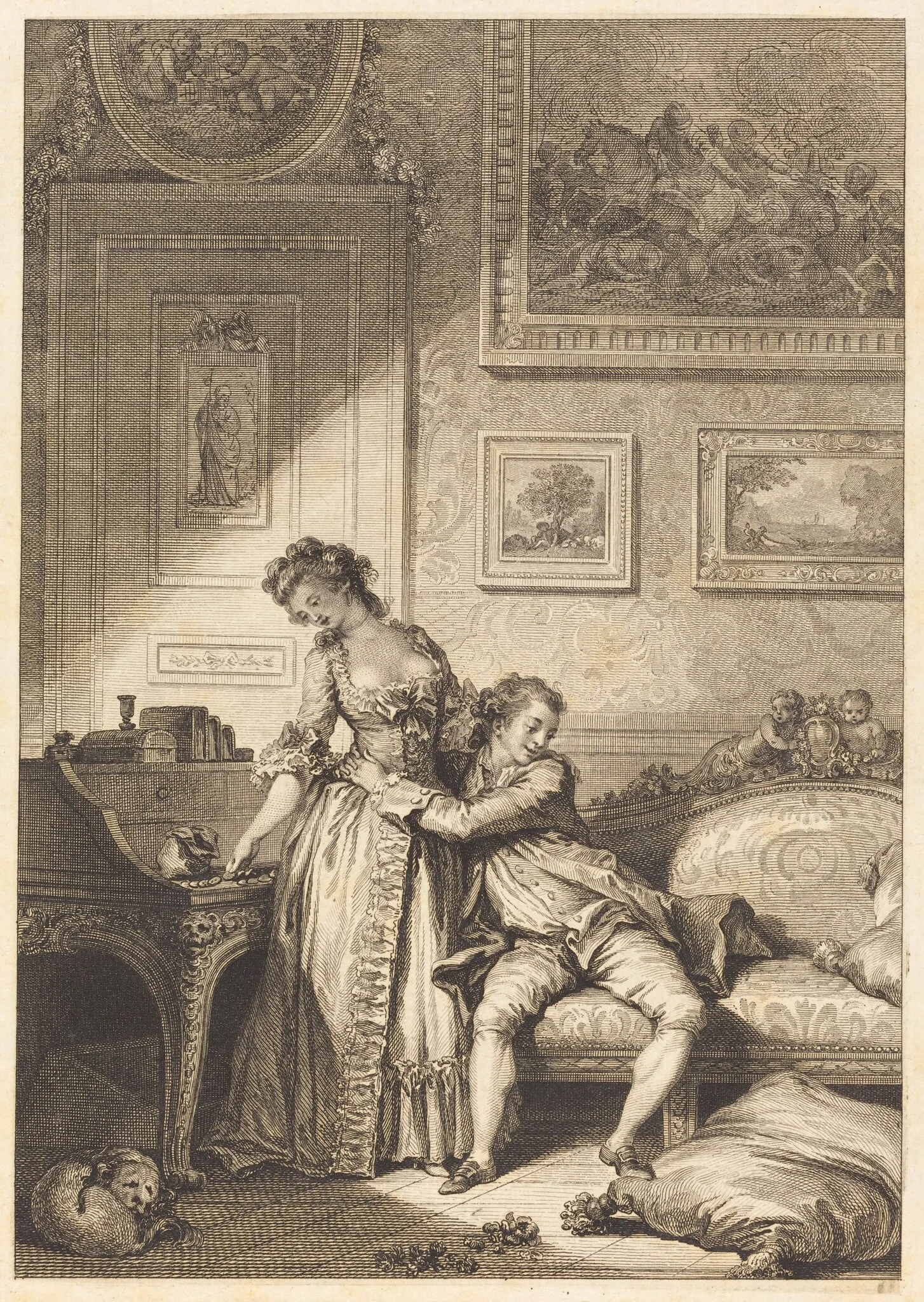 A femme avare galant escroc, by Antoine-Jean Duclos, ink, 1757