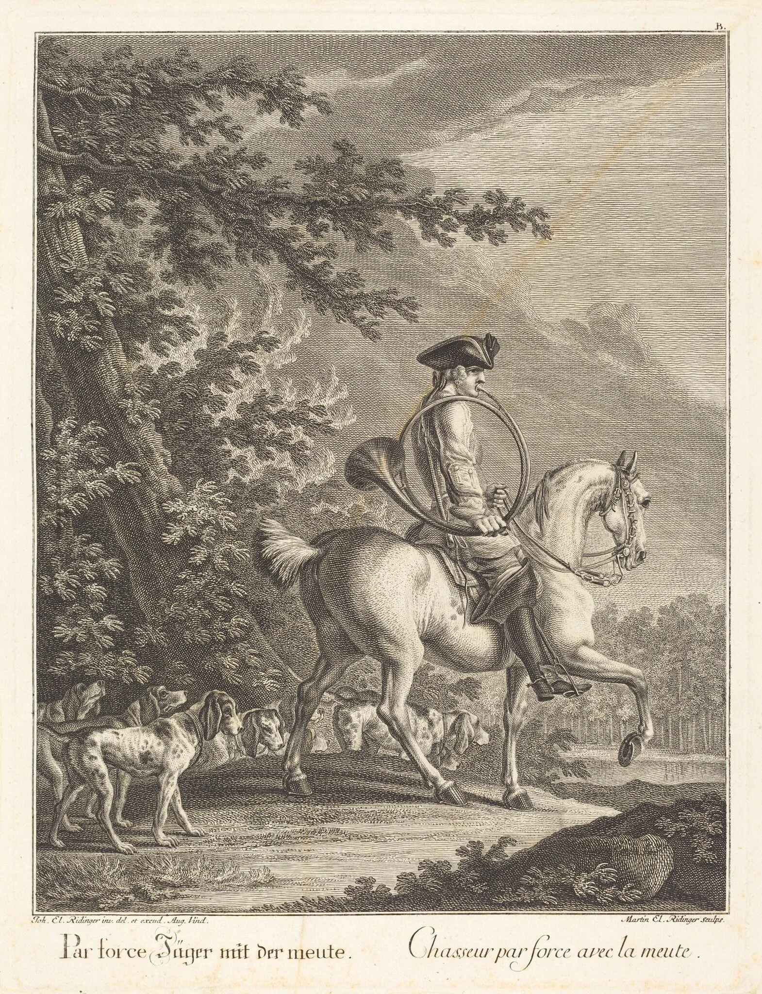 Huntsman with a Pack of Hounds, by Johann Elias Ridinger, ink, 1732