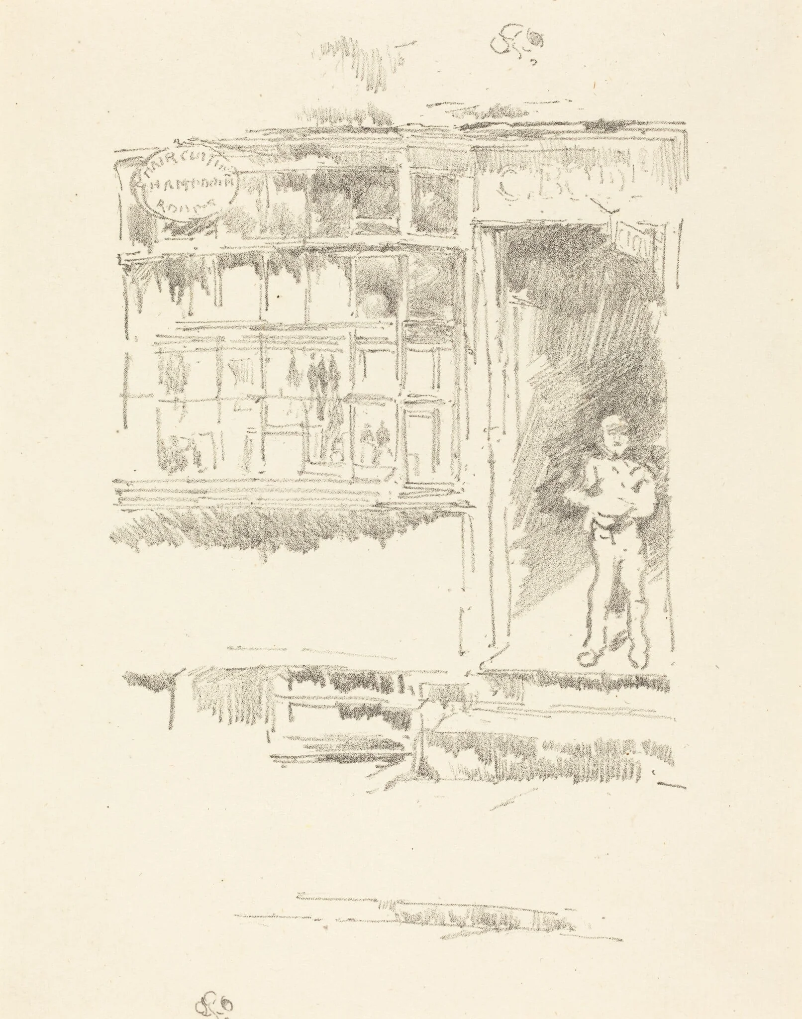 The Barber's Shop in the Mews, by James McNeill Whistler, ink, 1896