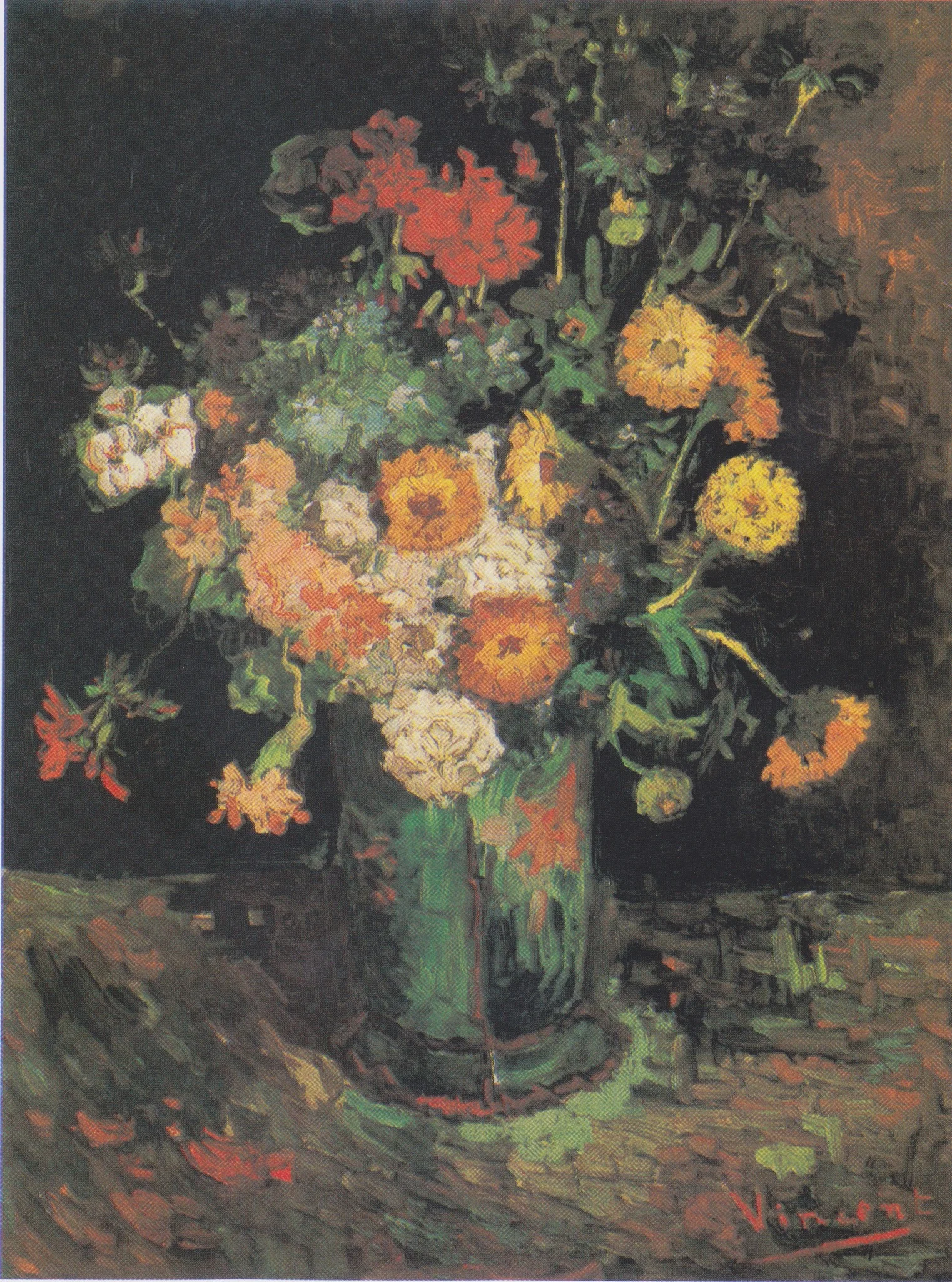 Vase with Zinnias and Geraniums, by Vincent van Gogh, oil, 1894
